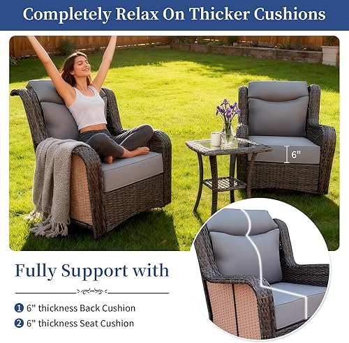 Miniatura 4 de Silla mecedora giratoria para patio al aire libre, 3 sillas de mimbre de 360, deslizador al aire libre con mesa auxiliar, respaldo alto y cojín de 6