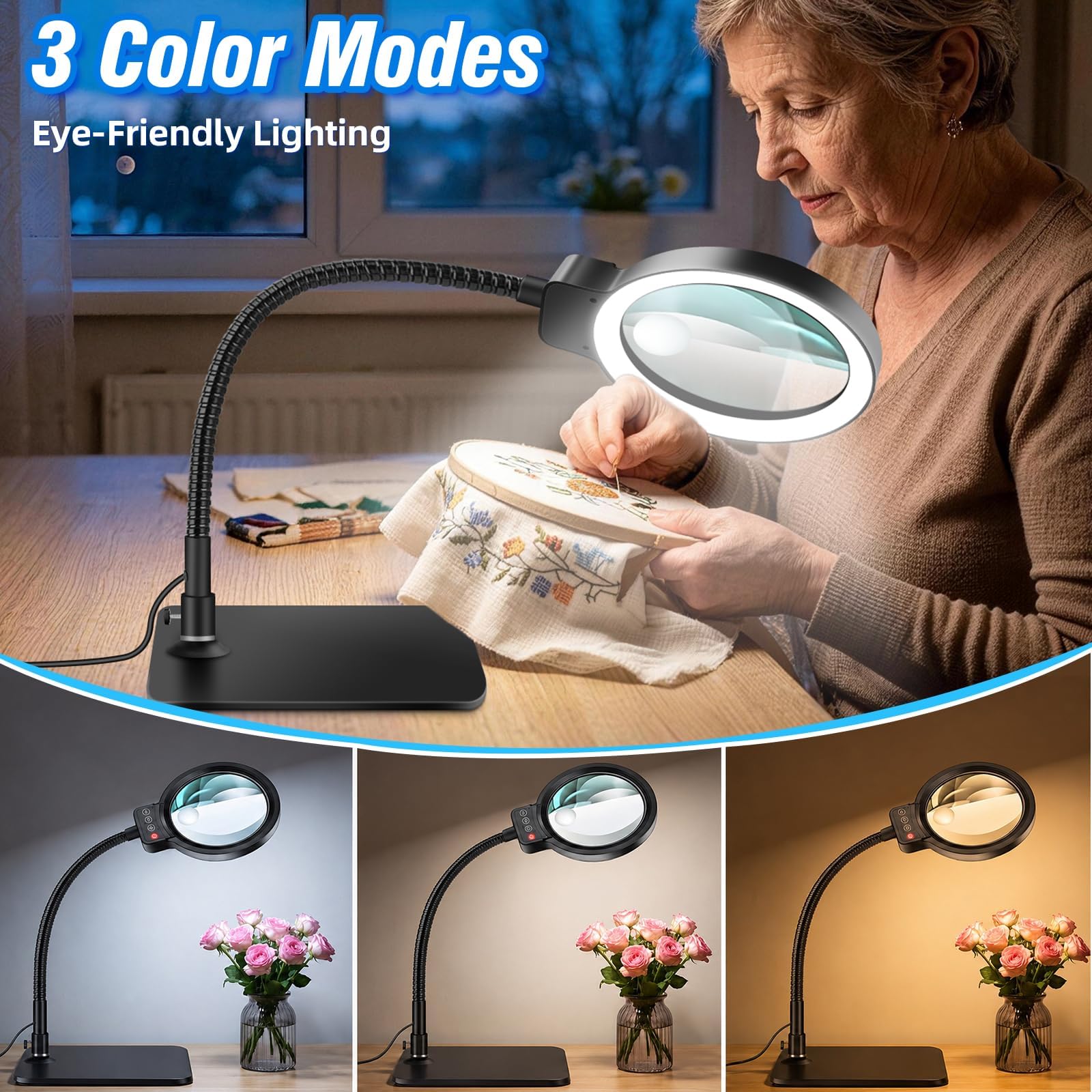 Grande loupe 30x 10x avec lumière et support, lampe de bureau à LED
