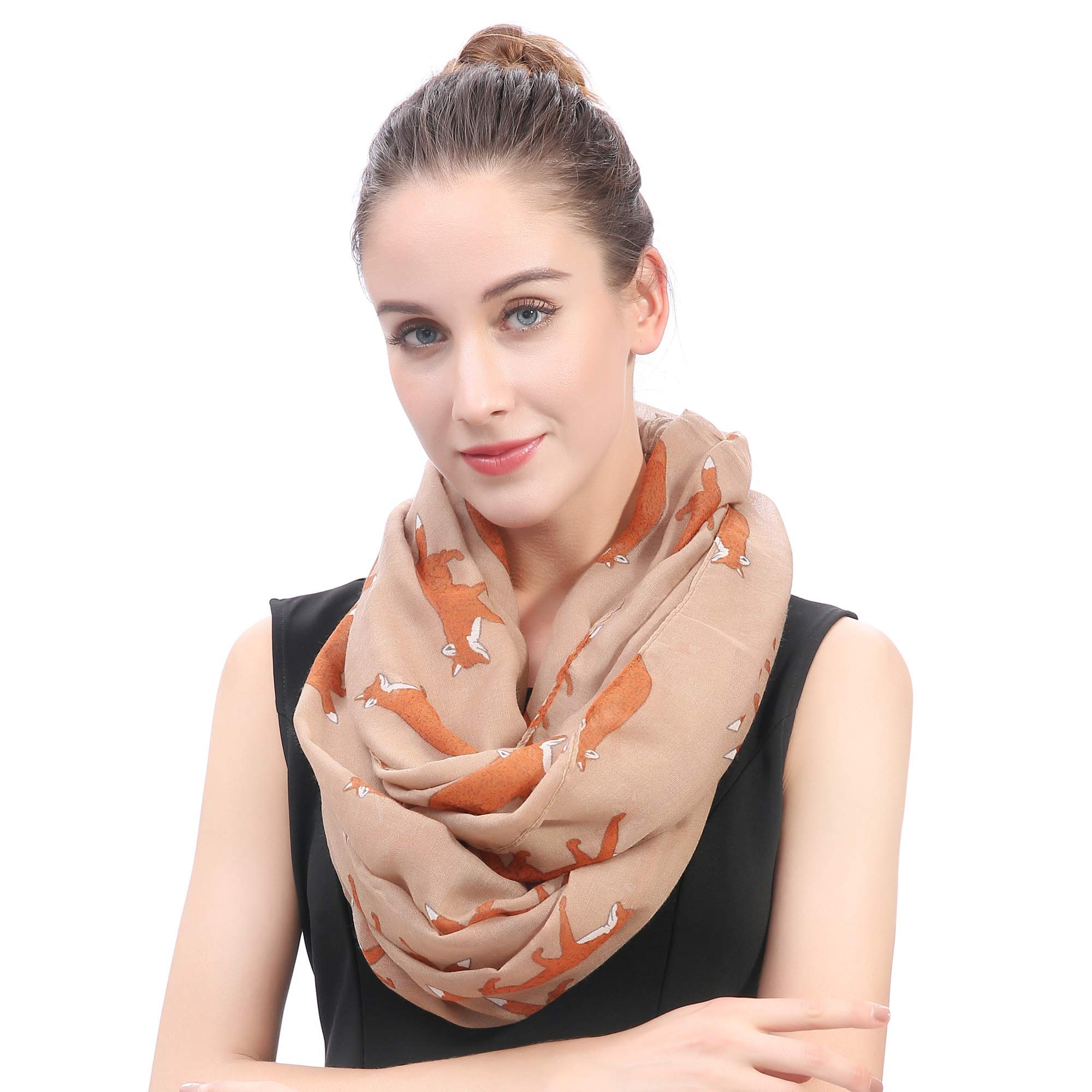 Lina & Lily Fox Animal Print Ladies Lightweight Snood Infinity Scarf (Camel)