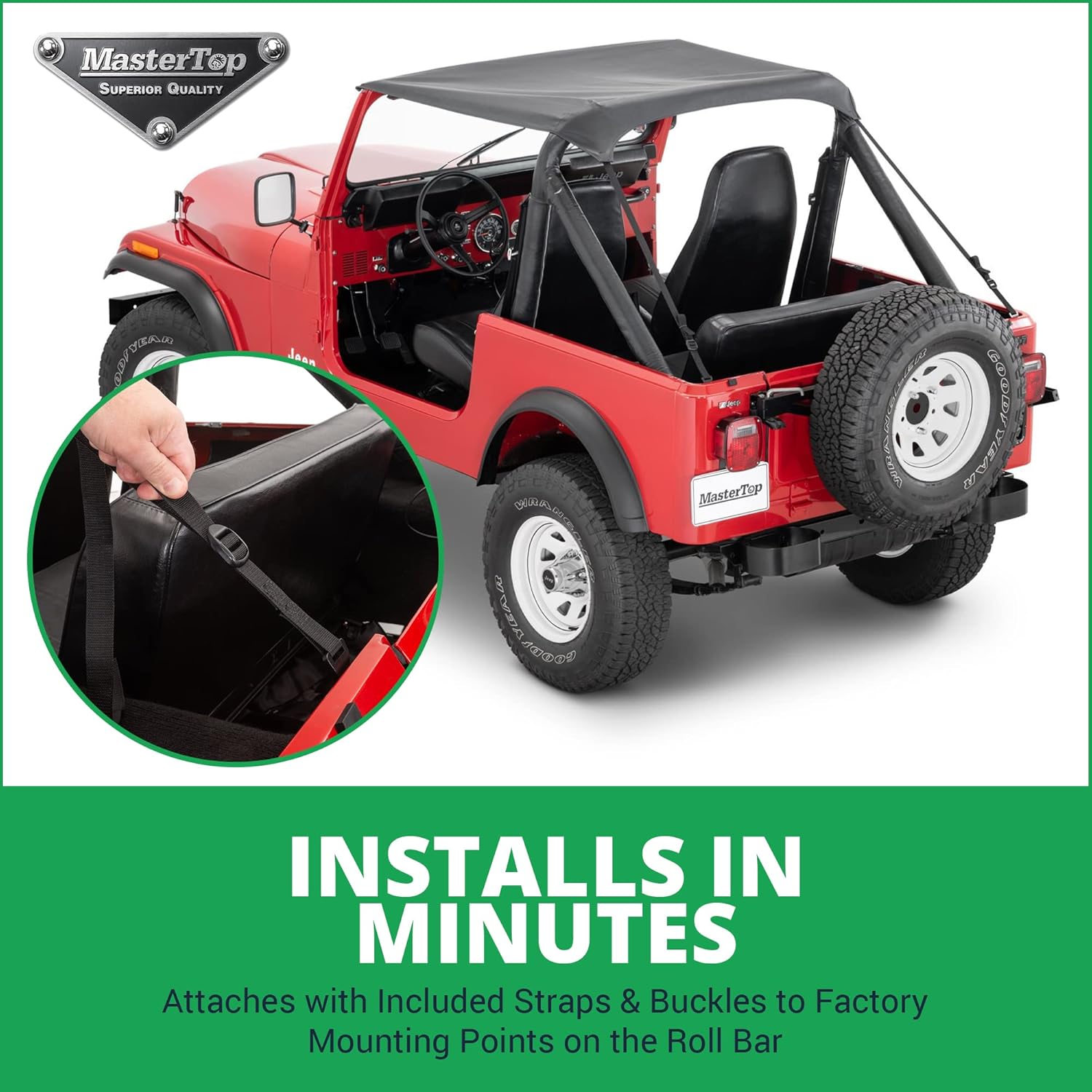 MasterTop Strap Style Bimini Top - Fits Jeep Wrangler YJ & CJ-7 1978-1991 - Luxurious 3-layer 30 oz MasterTwill Fabric - Open-Air Experience & Protection From Any Weather - No-Drill Installation
