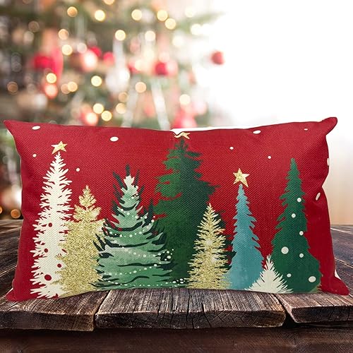 Miniatura 5 de QIANHED Funda de almohada roja con texto en inglés "Merry Christmas", 12 x 20 pulgadas, diseño de árboles de Navidad, copos de nieve, decoración de