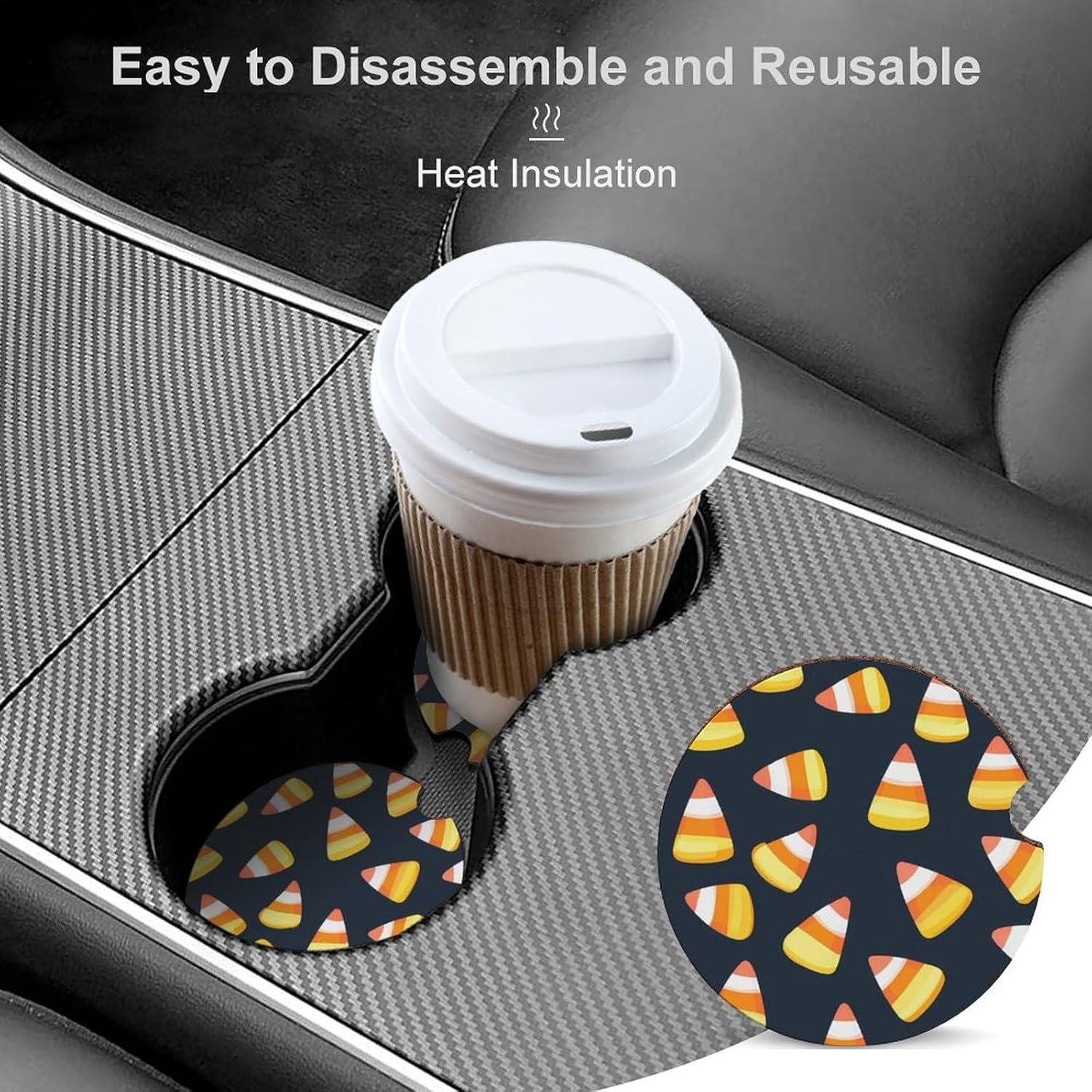 Candy Corn Pattern Cute Car Coasters 2.56 Inch Absorbent Cup Holder for Drinks Auto Interior Accessories