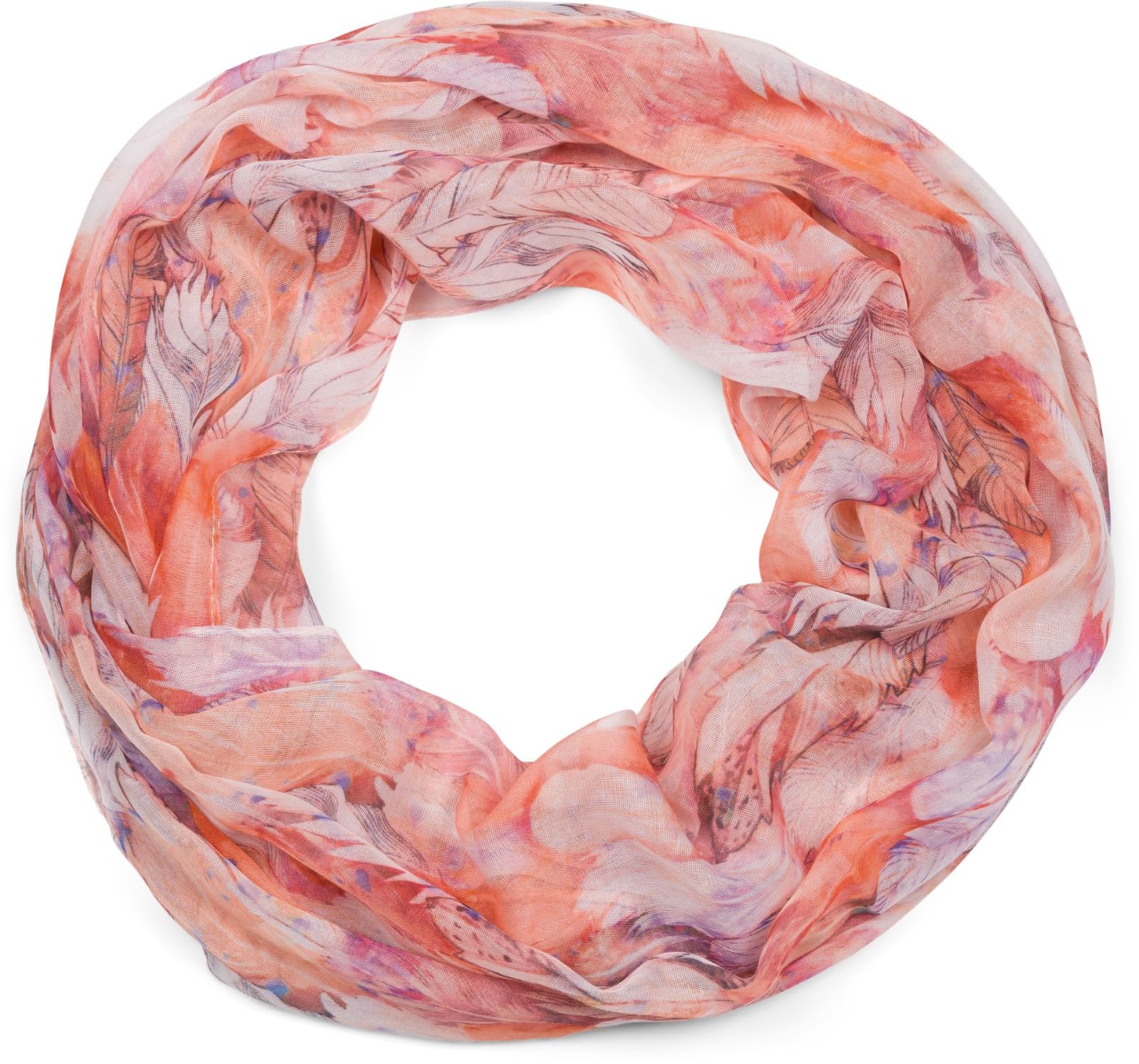 Stylebreaker Women's Orange-Red Loop Scarf With Colorful Feather Pattern, Lightweight Summery Boho Infinity Scarf Multicolored 01016239, Colour: