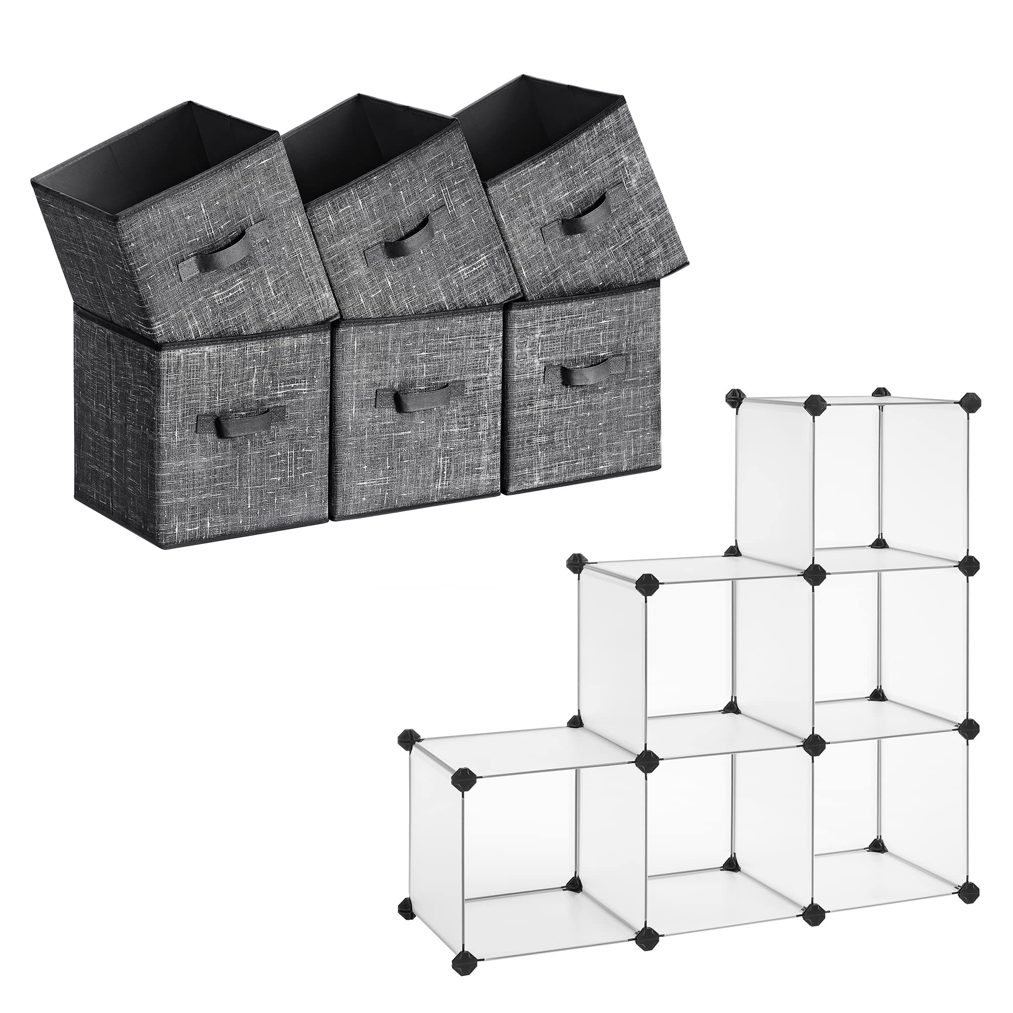 SONGMICS Storage Cubes and Cube Storage Organizer Bundle, 6 Non-Woven Fabric Bins with Double Handles, 6 Cube Closet Organizers and Storage, Black and White UROB026B01 and ULPC06W