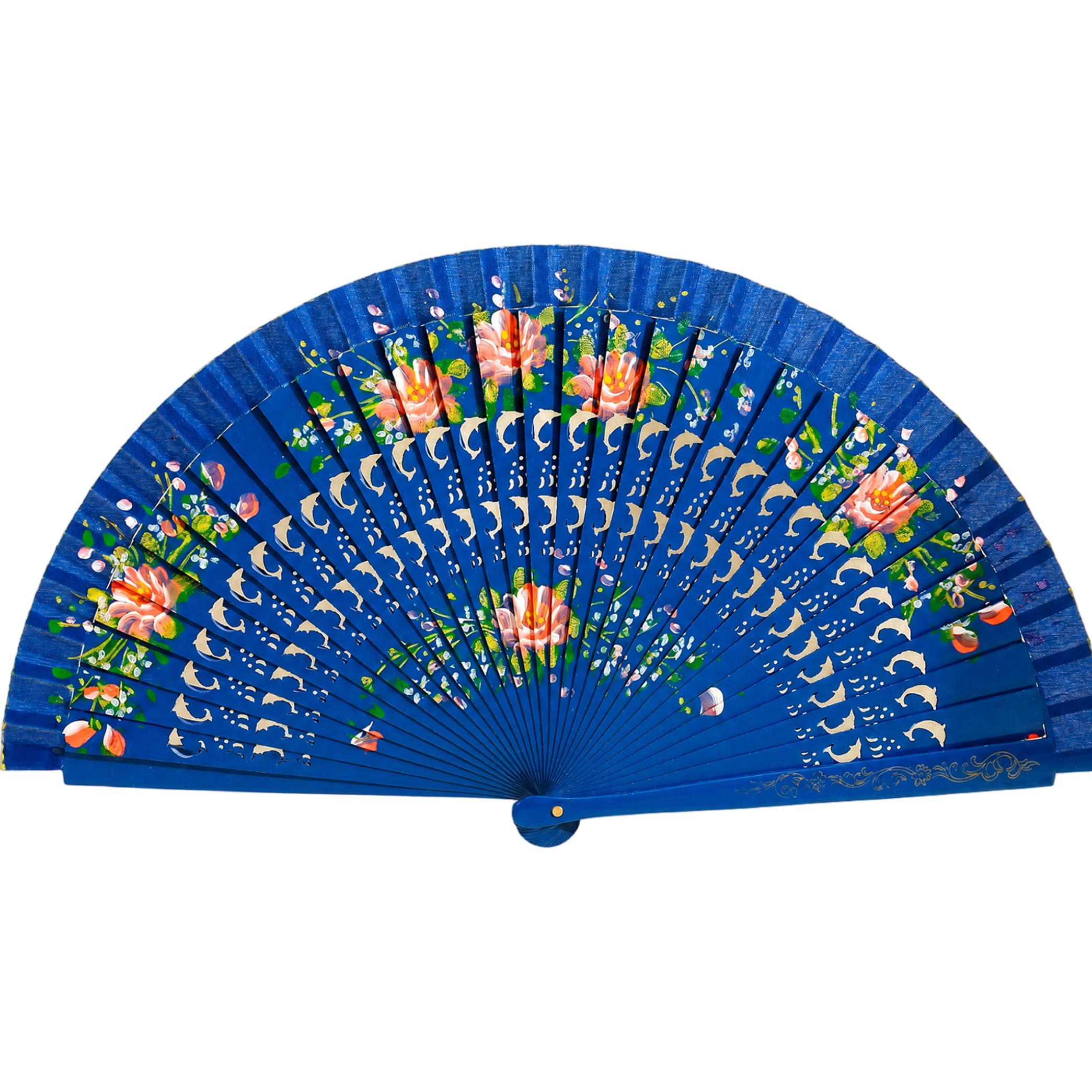 Bemonew hand fan foldable Spanish Fan, Double-sided Painted Folding Hand, Hollow Wooden Ribs Fans For Parties & Decor, Blue