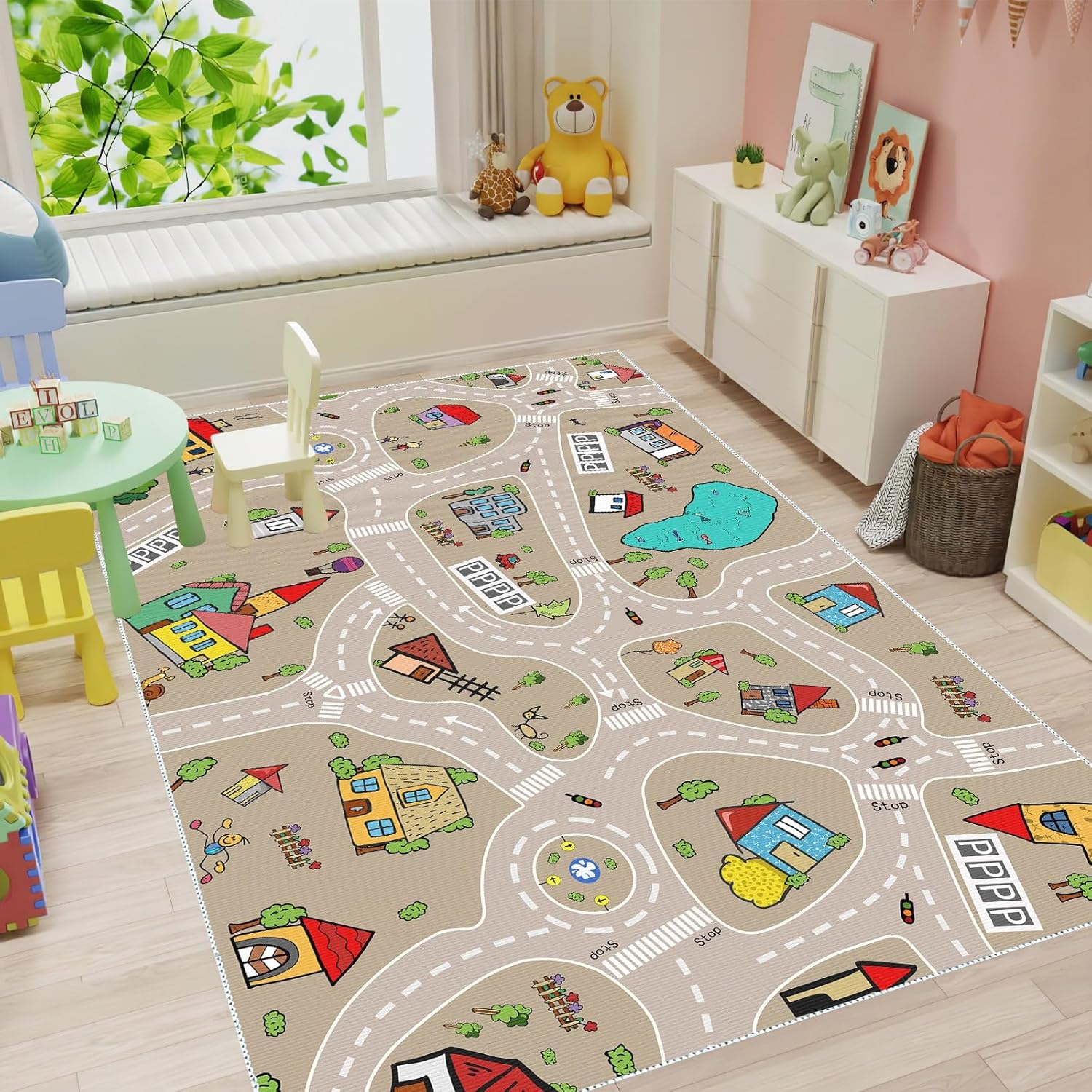 Kids Playroom Rug – Car & Train Track Play Mat, Road Design for Toy Cars, Machine Washable, Multiple Sizes, Perfect for Boys & Girls