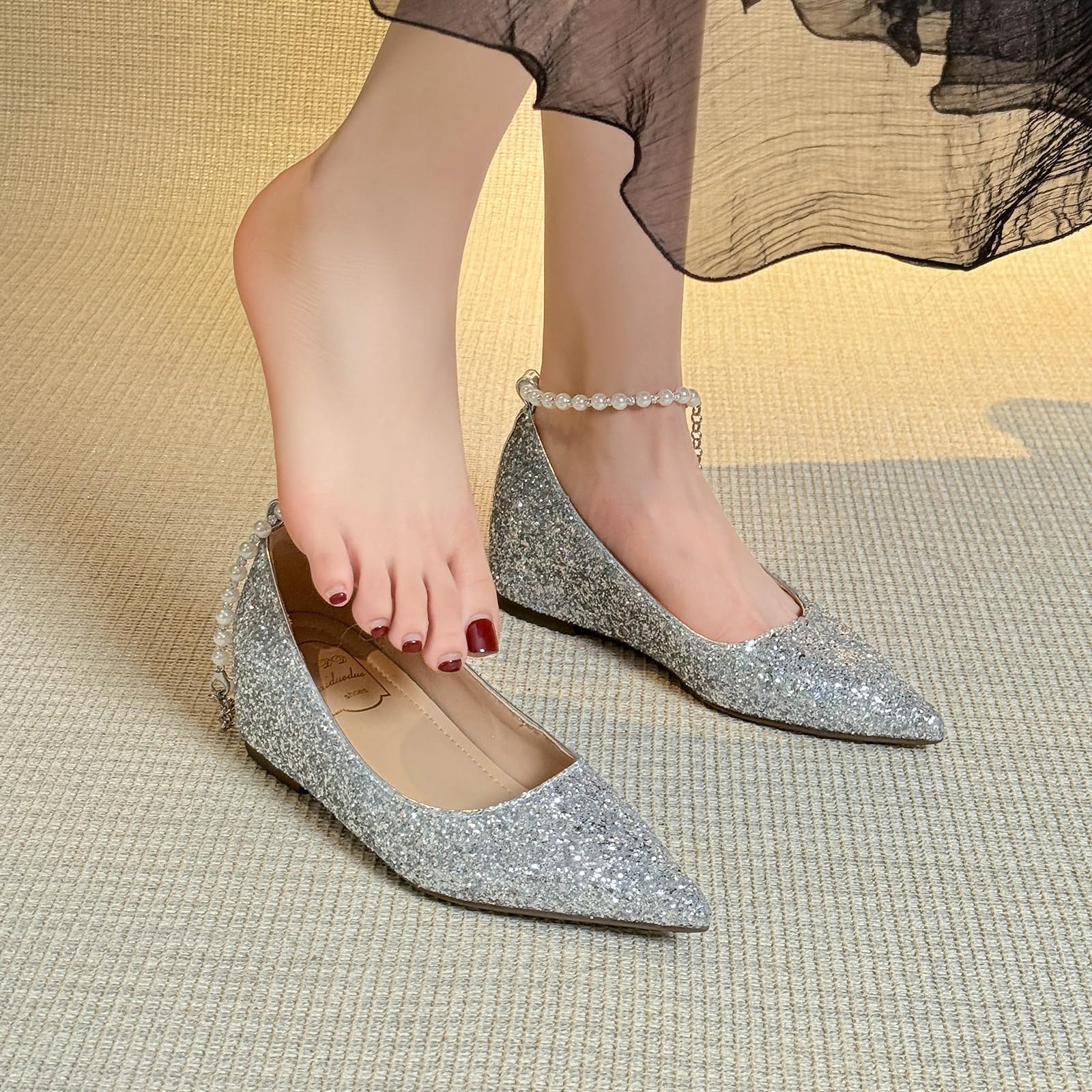 Płaskie buty ślubne bez zmęczenia ukryty klin 5 cm łańcuszek perły wygodne buty ślubne stojące i taniec