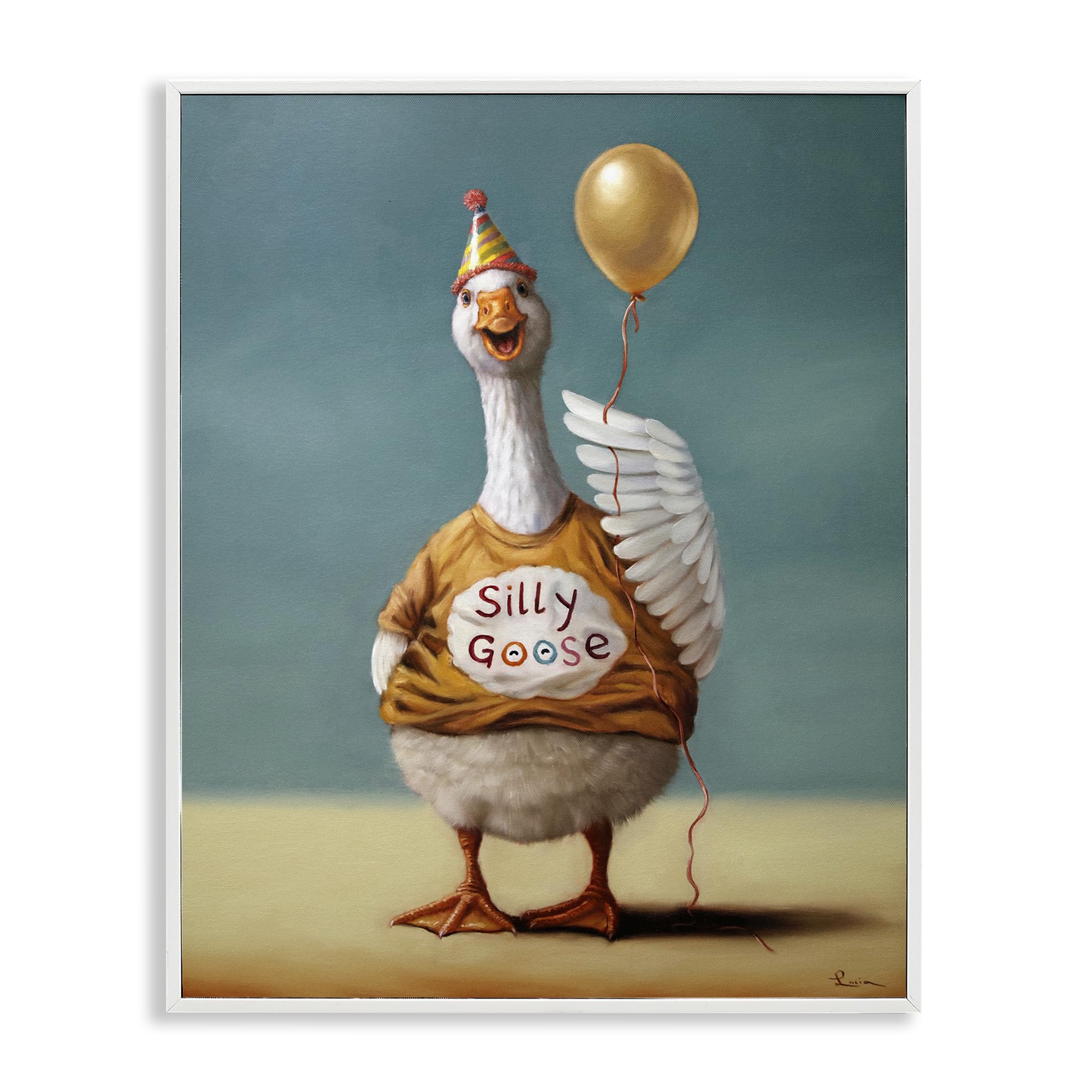 Stupell Industries 'Silly Goose with Balloon', Framed Giclee Art, White, 11 x 14 Inches, Easy to Hang and Sturdy, Made in USA, by Lucia Heffernan