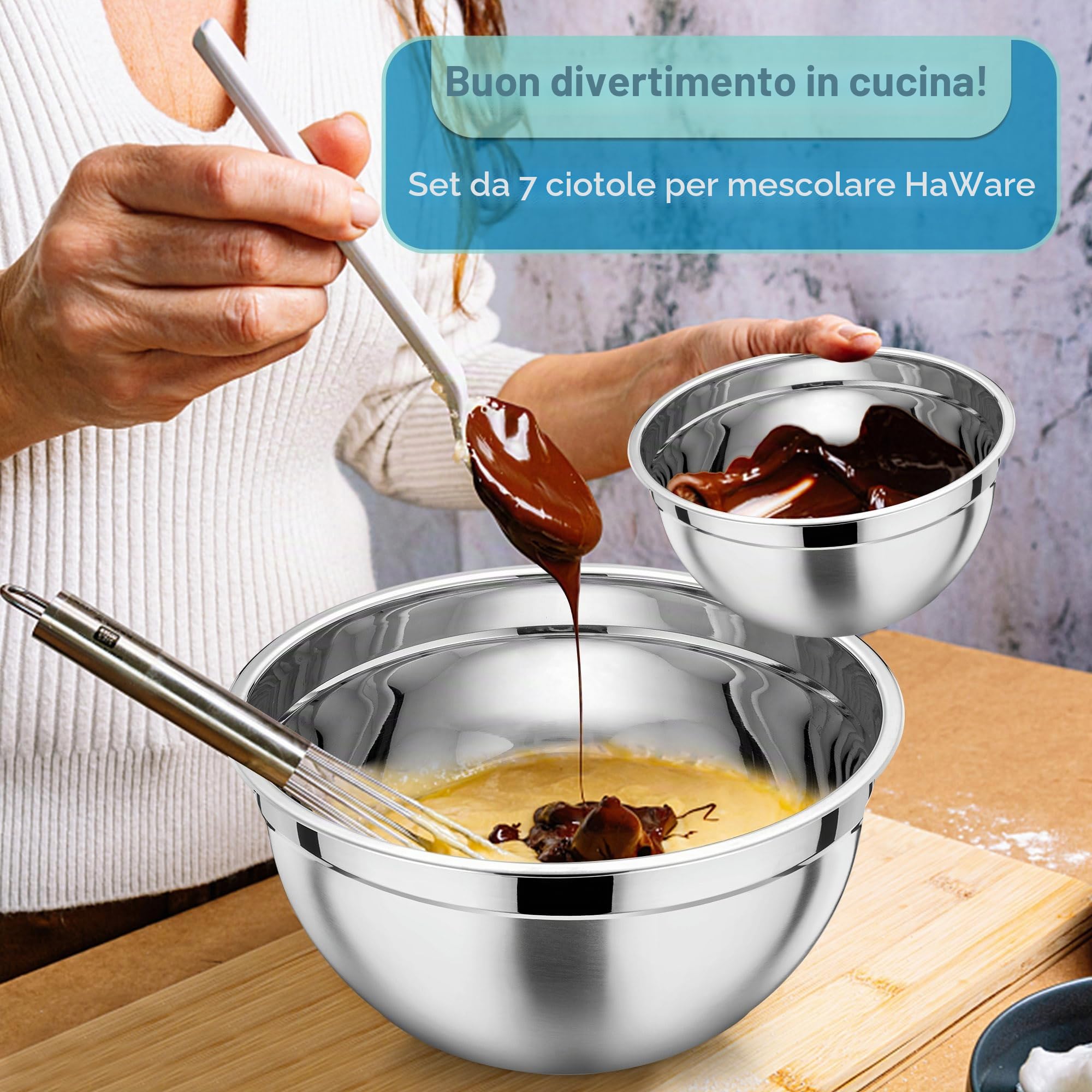 HaWare Set di 7 ciotole in acciaio inox, impilabili con coperchio ermetico per cuocere/cucinare/preparare, lavabili in lavastoviglie, 6,5/4,5/3/2,5/1,5/1,2/0,7 l, blu