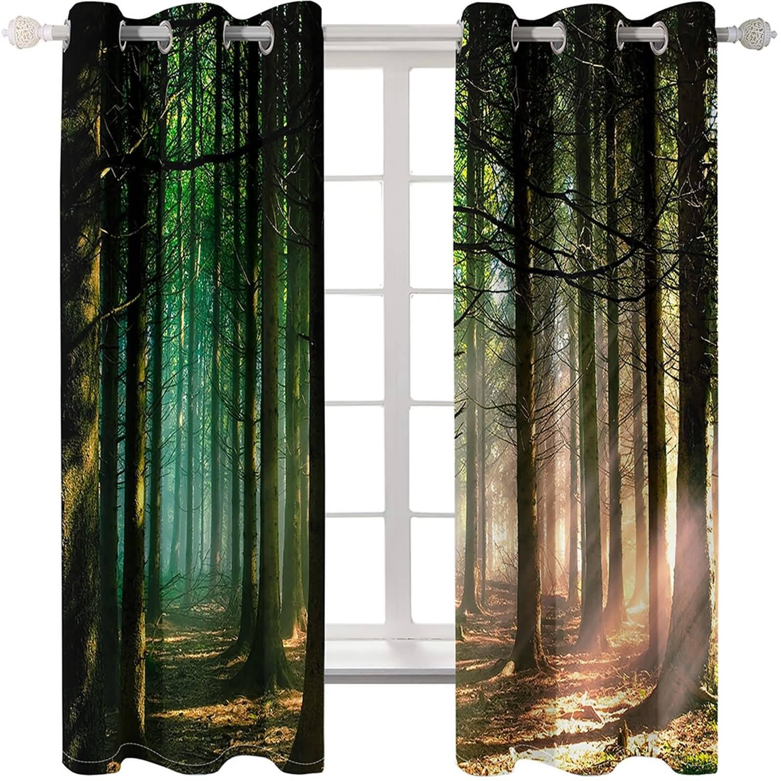Vorhänge Schlafzimmer Modern, 96x229cm Schwarz Grün Baum Wald Landschaft Vorhang für Wohnzimmer