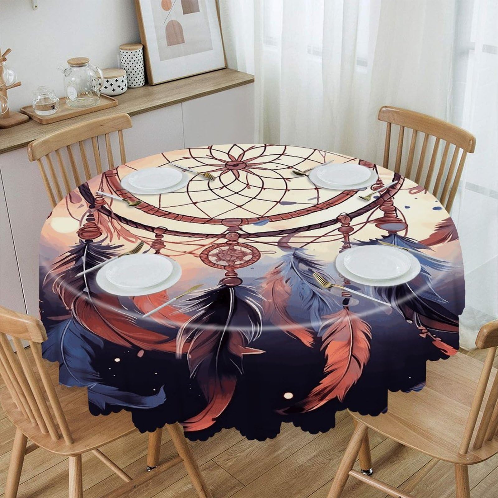 VstaDank Native American Dream Catcher Round Tablecloth Premium Polyester Table Cloth Heavy Duty Washable Fabric Tablecloth Waterproof Holiday Table Cover Decorative Tablecloths for Dining 60"