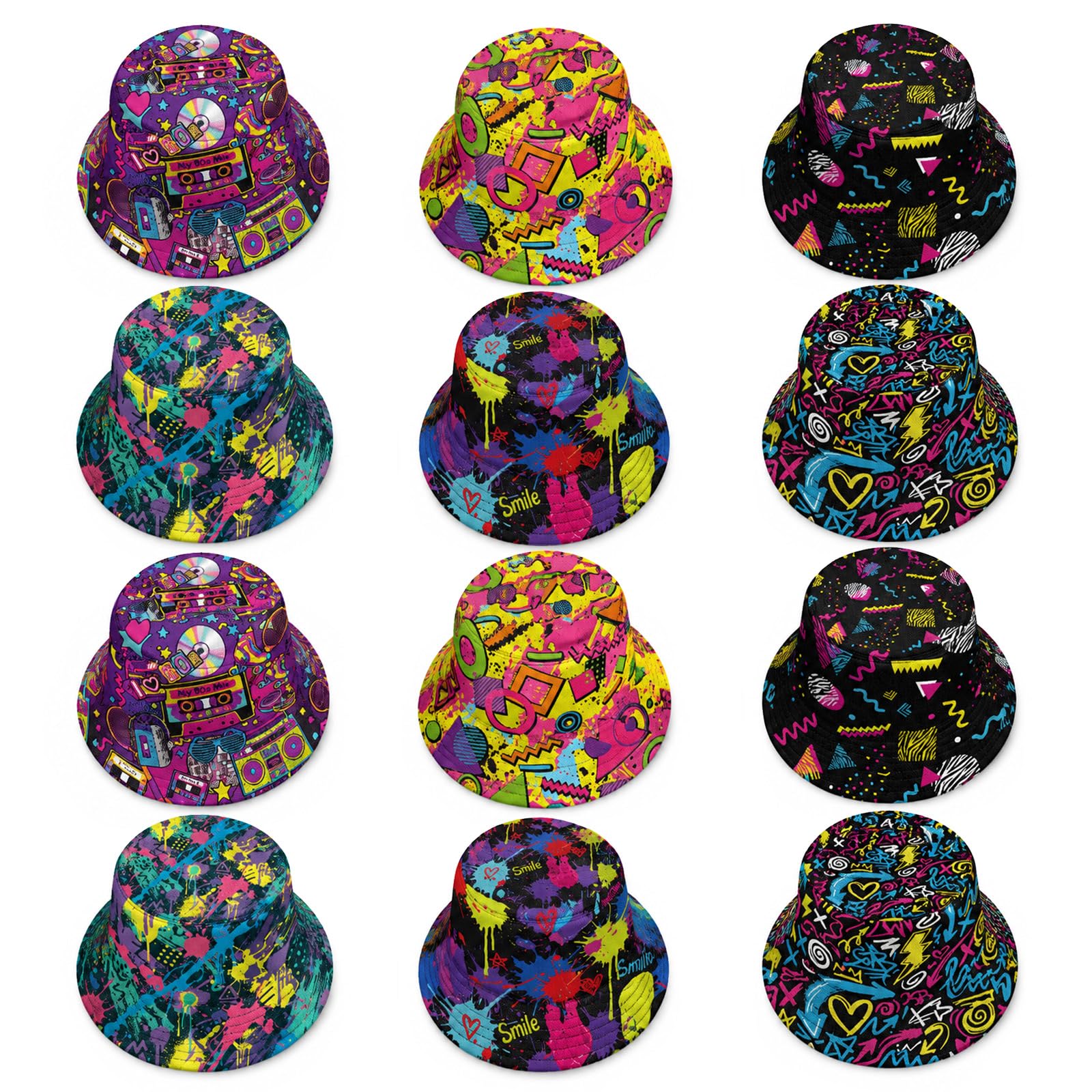 Didaey 12 Pack Retro 80s 90s Bucket Hats Colorful Graffiti Print Sun Caps