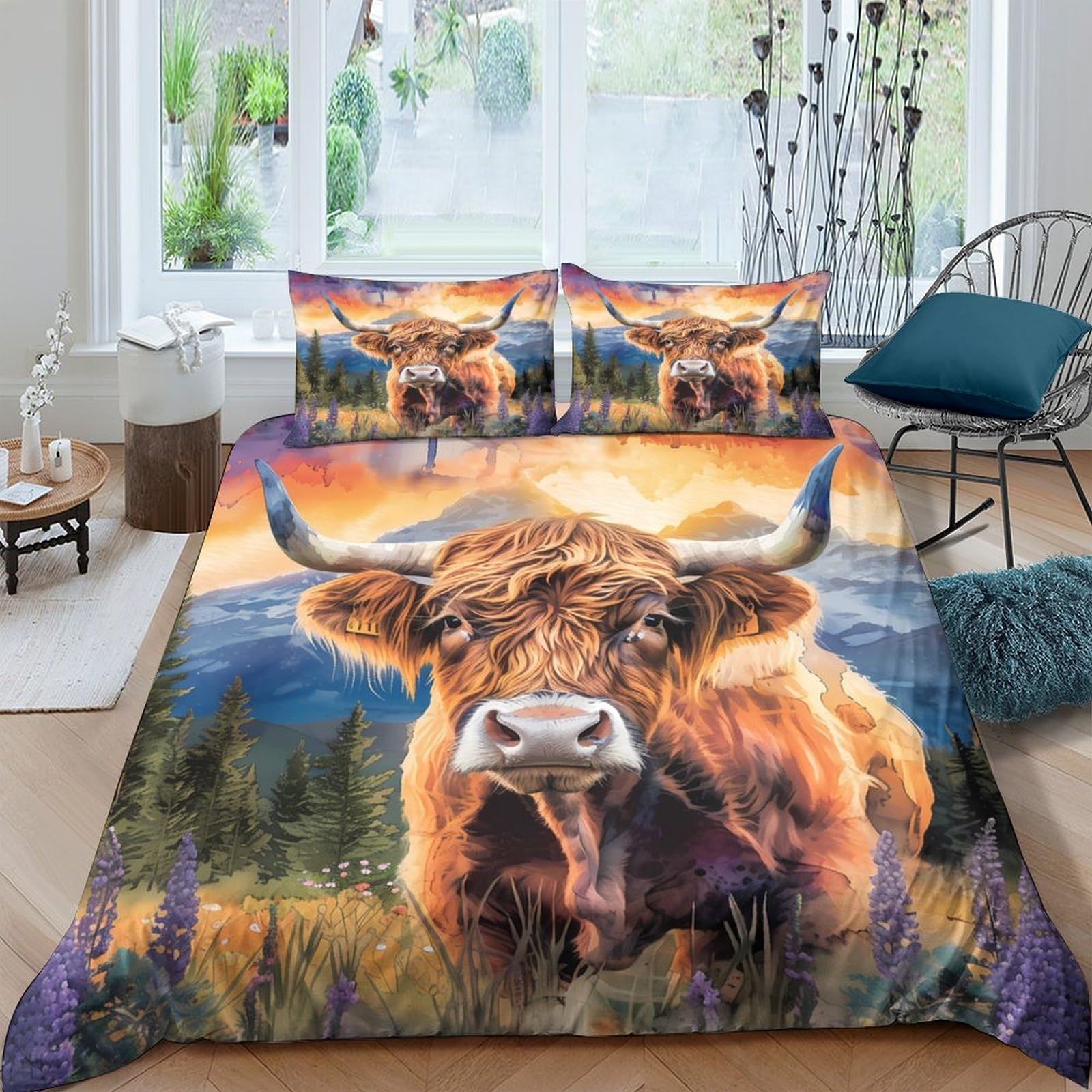 Ctjqhvkz Style-2 3D Printed Highland Cow Fitted Sheet Microfiber Soft Decor Animal Landscape Bed Cover For Bedroom Guest Room Single（135X200cm）