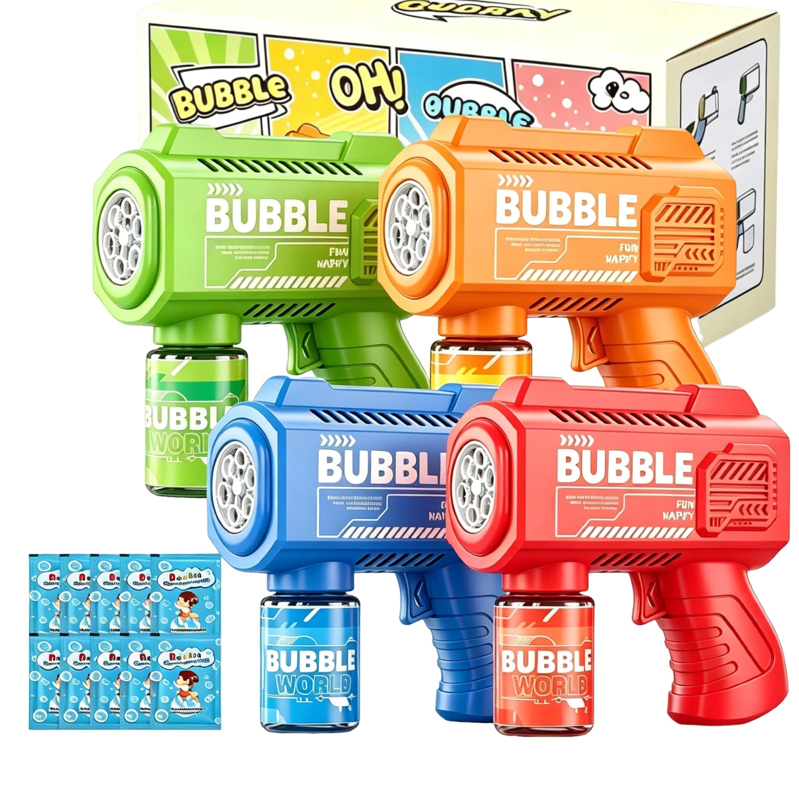 4 pistole per bolle di sapone, per bambini, 5000+ bolle/min, con soluzione per bolle di sapone, luce LED, regalo per bambini, compleanno, festa, matrimonio