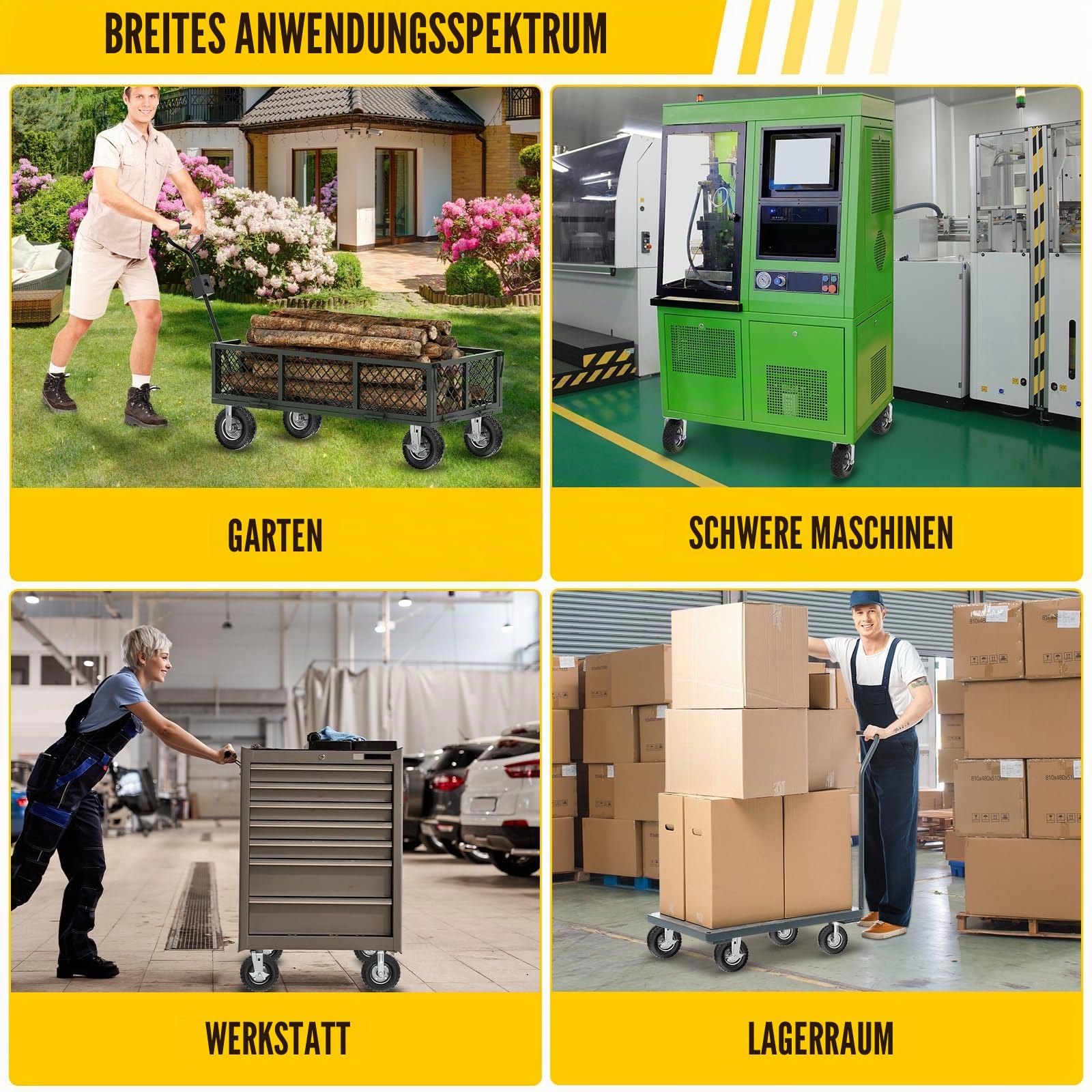 4 Stück 200mm Schwerlastrollen, Gesamt-Tragkraft 400kg, 360° drehbare leise Gummirollen mit Bremse, für Möbel, Transportwagen, Werkbank & Industriegeräte (2 Lenkrollen + 2 Bremsrollen)