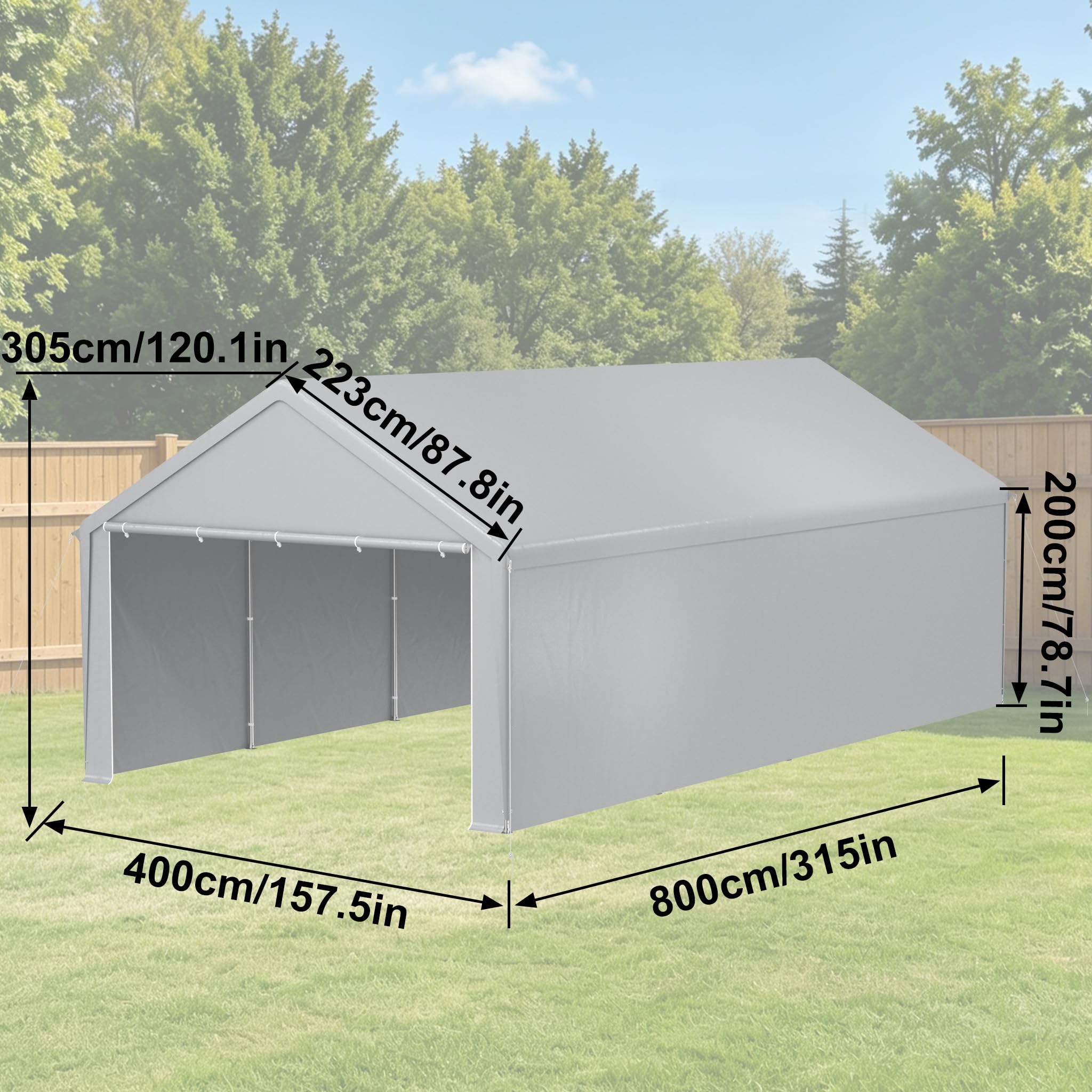 Lagerzelt Carport 4x8 m in Grau Gerätezelt wasserdicht Gartenhaus Stahlrahmen verzinkt Garten Aufbewahrung Zelt Unterstand für Auto Motorrad Lager Garten