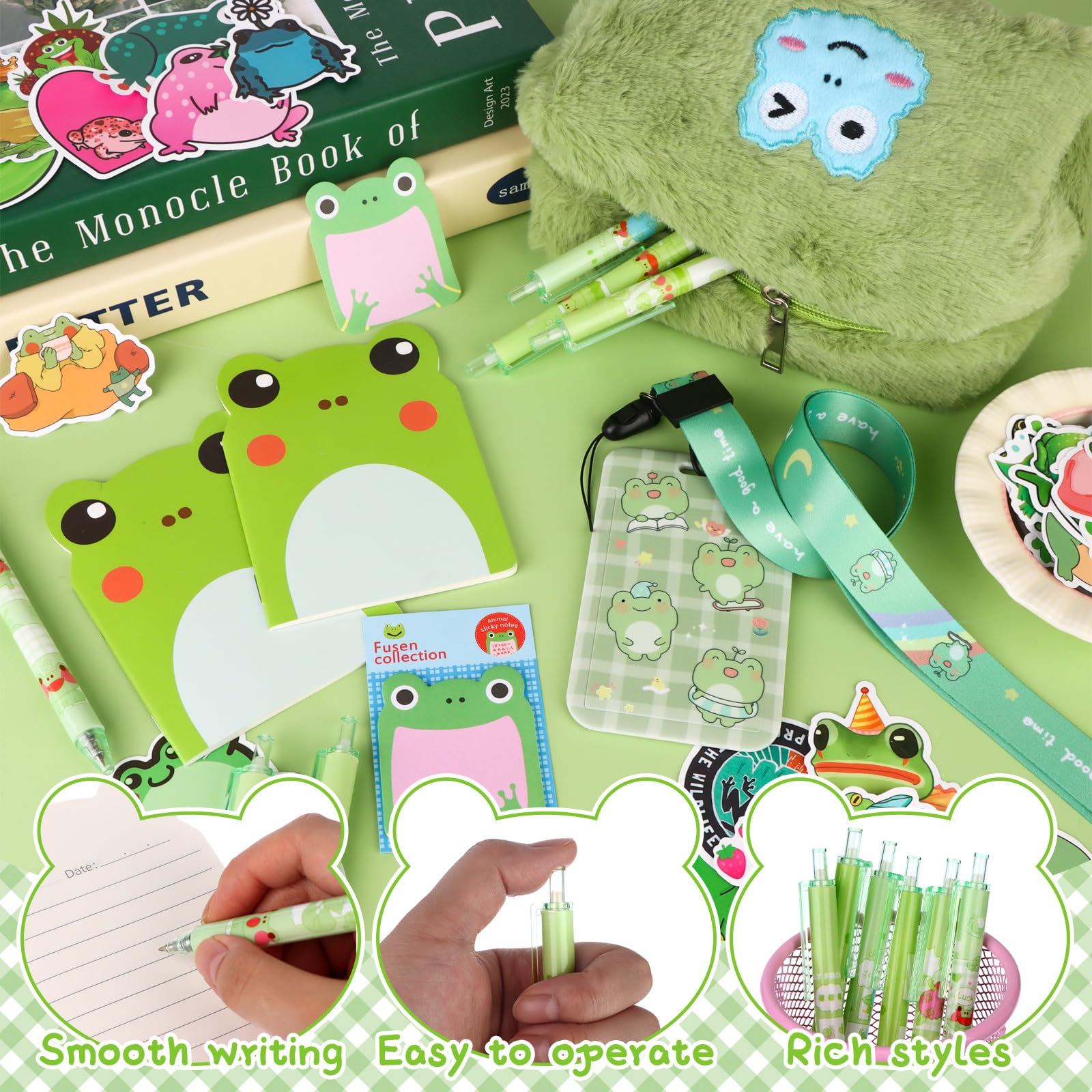61 Pcs Frog Stationery Set Frog Pencil Pouch Frog Pens Notebooks Sticky Notes Stickers ID Card with Lanyard - Image 3