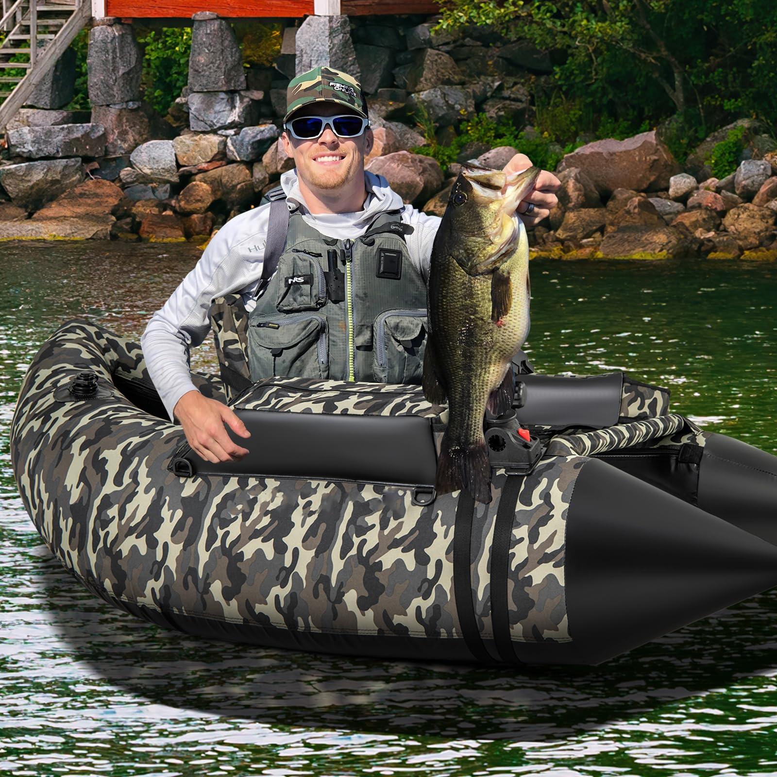 COSTWAY Barco de Pesca Inflable, Kayak Hinchable con 2 Aletas, Bomba Manual, Regla para Peces, Soporte para Caña, Bolsillos, Respaldo Ajustable y Correas, Bote Portátil para Adultos, Camuflaje