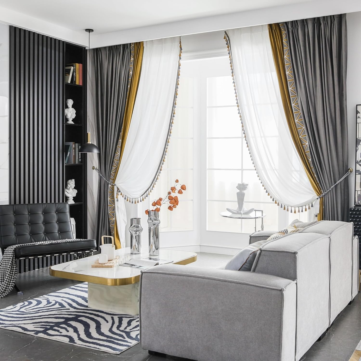 VisionaryHomeDesign Gray & Gold Velvet Curtains, Geometric Embroidered Trim, Luxury Living Room Decor(Gray Gold, 50" W x 84" L (Pack of 2))