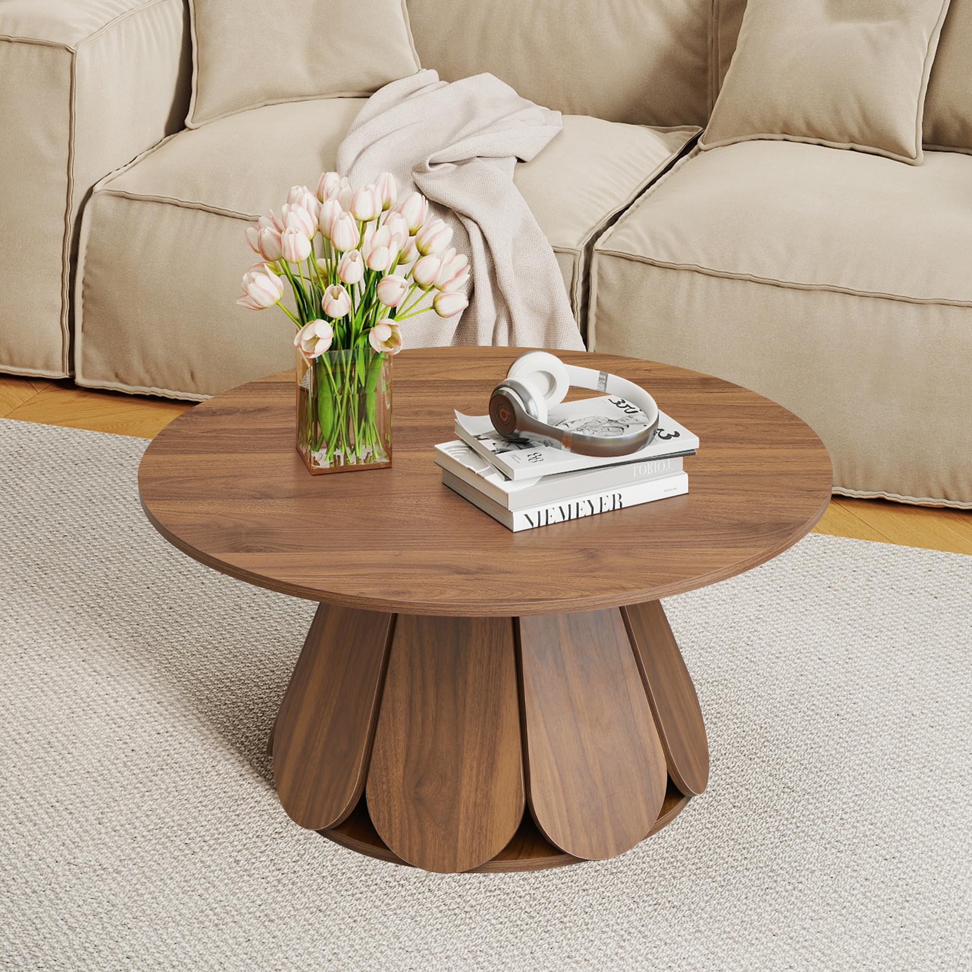 31 5 Round Coffee Table Modern Farmhouse Wood Coffee Table with Pedestal Base Small Space Circle Center Table