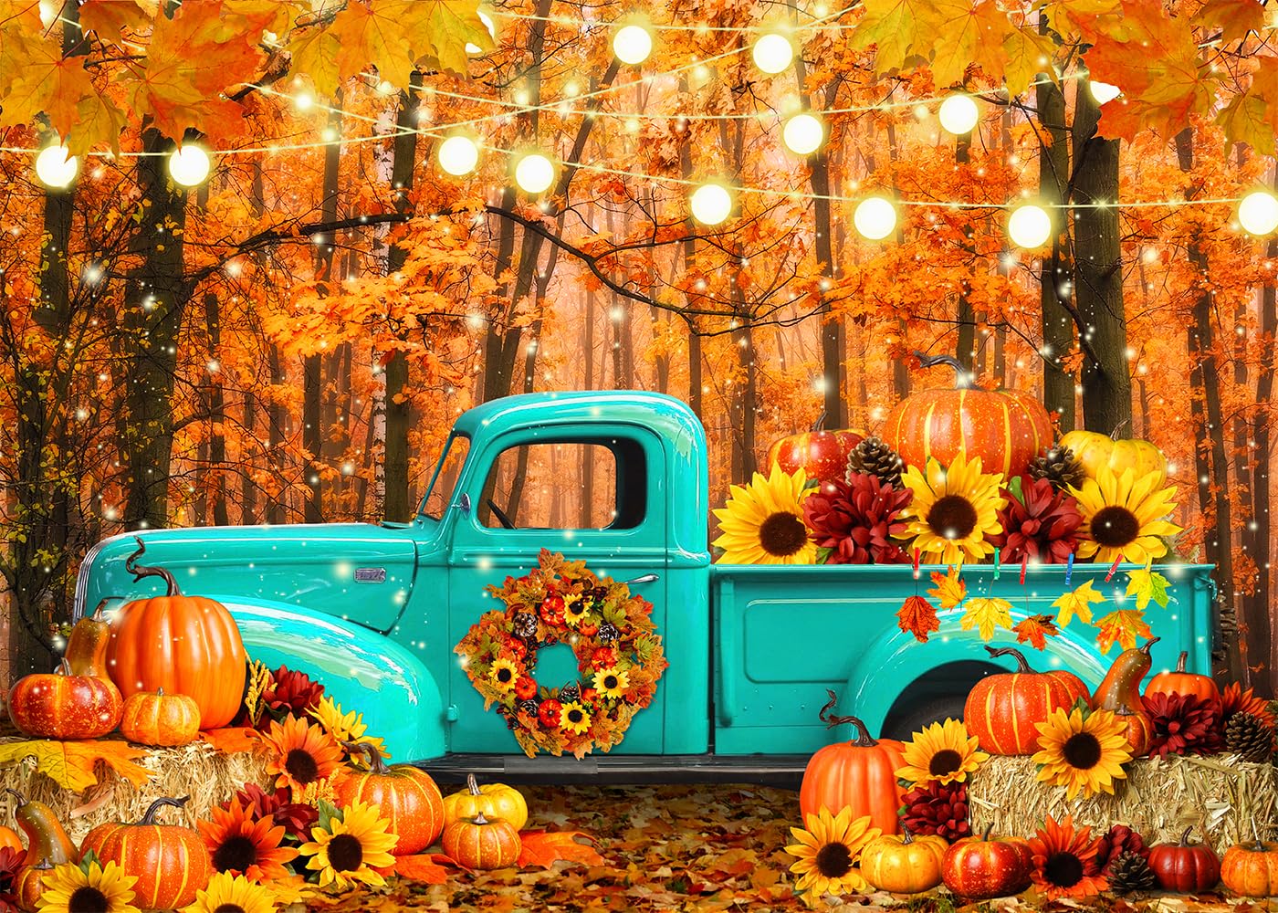 DULUDA 7x5 FT Fall Forest Blue Truck Backdrop Autumn Forest Pumpkin Maple Leaf Sunflower Harvest Theme Photography Background Thanksgiving Party