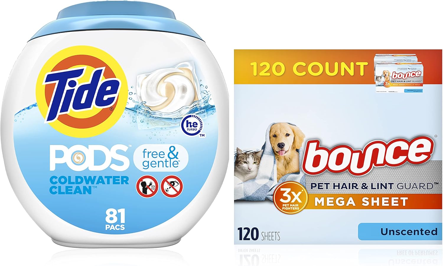Tide Pods Free & Gentle 81 ct with Bounce Pet Dryer Sheets