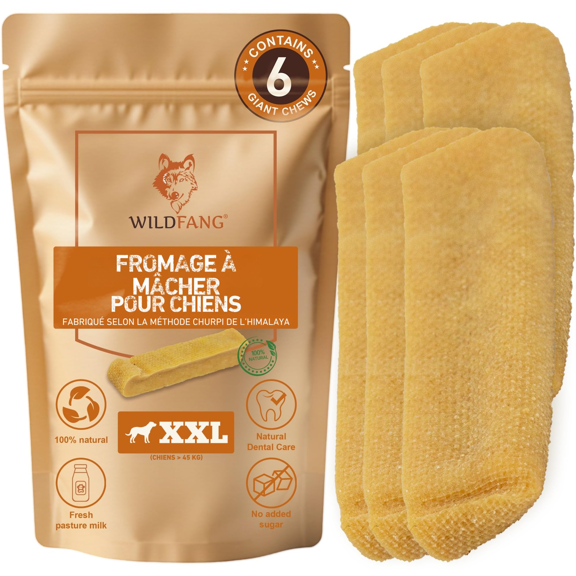 Wildfang® Yak-Käse Kauspielzeug Hund, XX-Groß für Hunde über 45 kg – Zahnpflege-Stick, Hart wie Himalaya Yak-Käse, Churpi-Stil Käse-Sticks, Hundeleckerli & Welpen-Training, ca. 206 g, 6er Pack