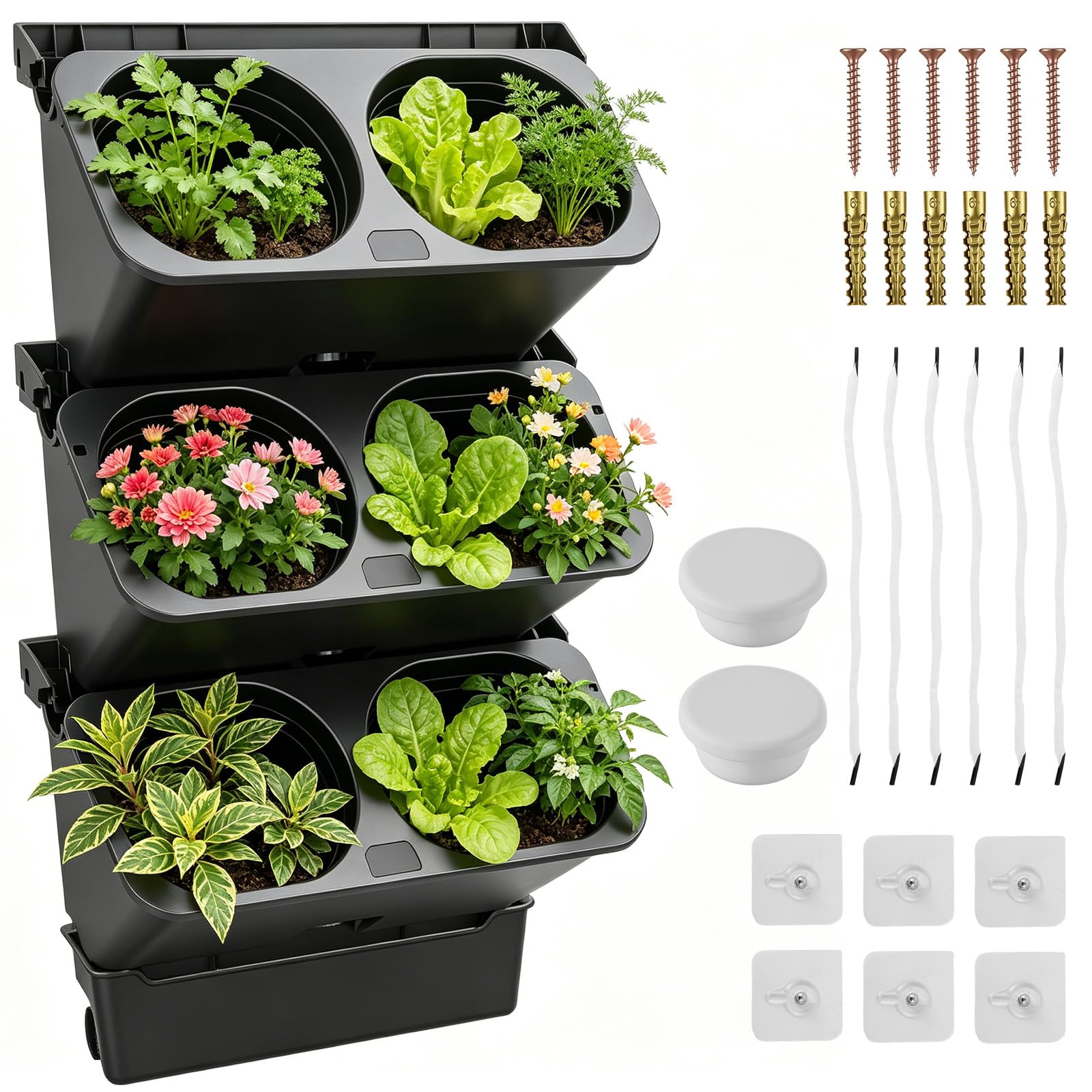6 Pcs Wall Planters Outdoor, 3 Tier Vertical Planters Self Watering, Weather Resistant Drainage ,Balcony Planters Sturdy Wall Mount, Space Saving Hanging Pots for Herb Succulent Vegetable Outdoor
