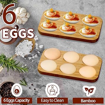 Deviled Egg Platter & Tray, Mini Bamboo 6-Holes Rectangular Wooden Egg Holder, Countertop Egg Holder, Small Easter Deviled Egg Carrier for Kitchen Countertops(7x4x0.6H)