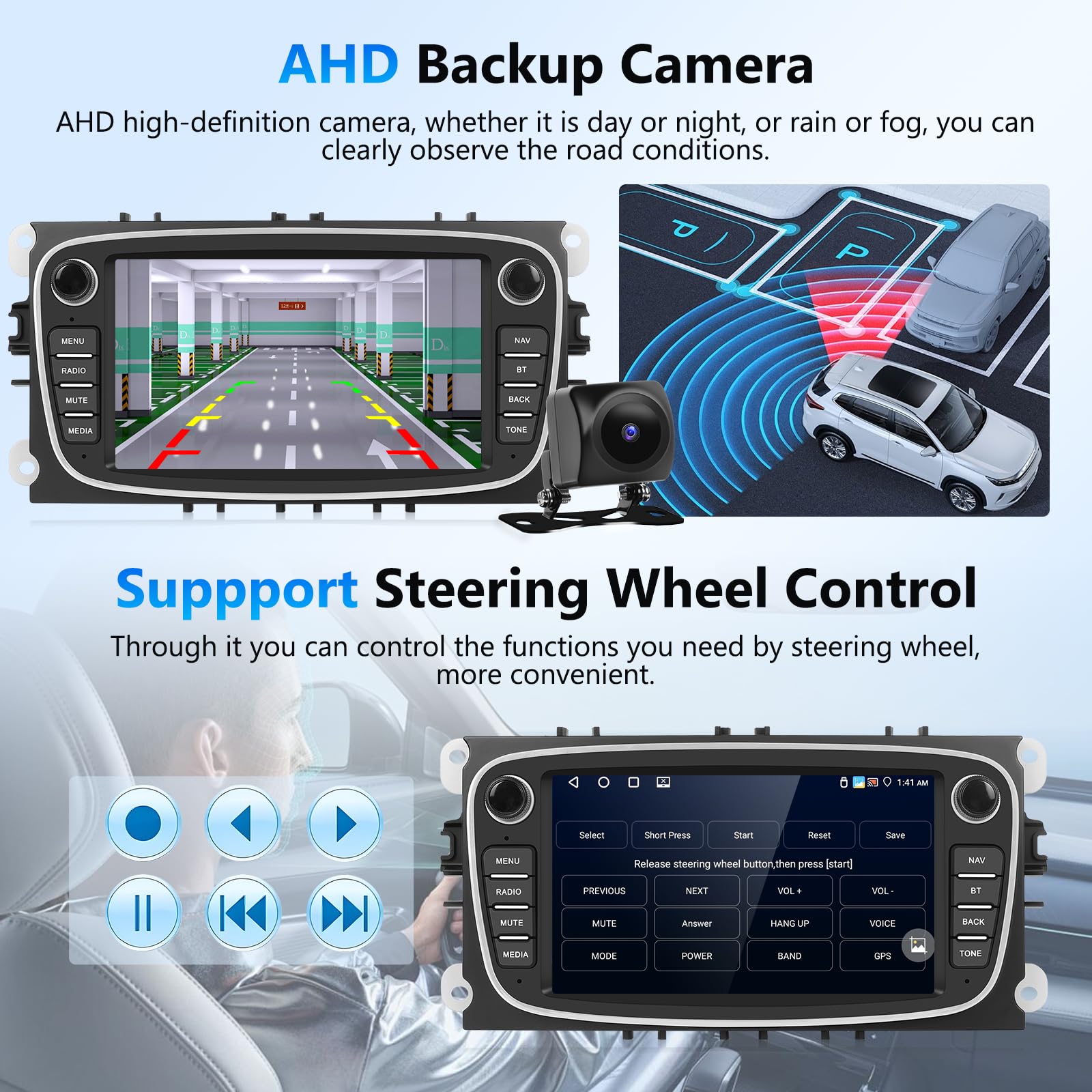 Podofo Autoradio 7'' Android 13 Pour Ford Focus C-Max S-Max Galaxy - Carplay Android Auto + Caméra Arrière