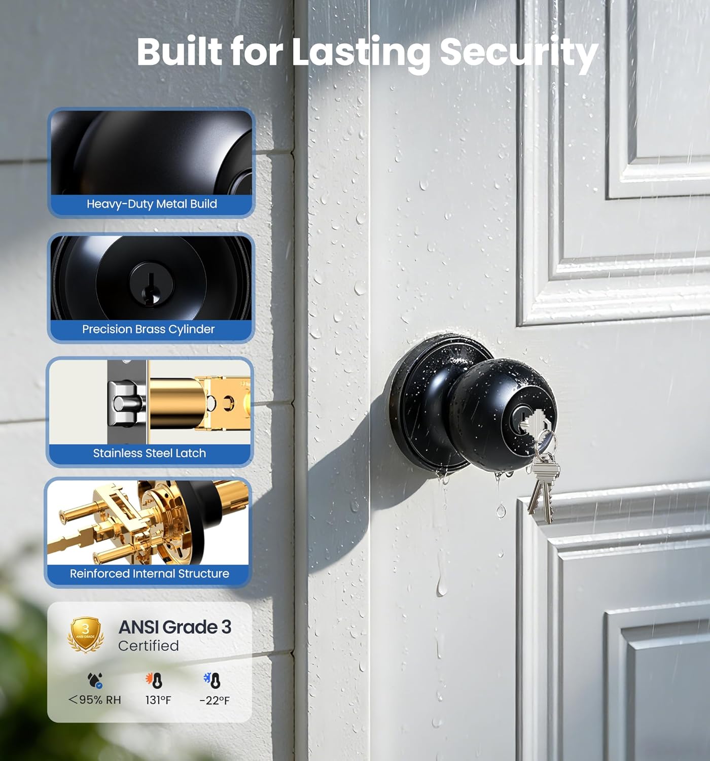 Veise Keys Alike Door Knob Set 3-Pack, Bedroom Door Lock with Keys, Heavy-Duty Rust-Proof Construction, Door Handle for Exterior Interior Security, Easy to Install, Matte Black
