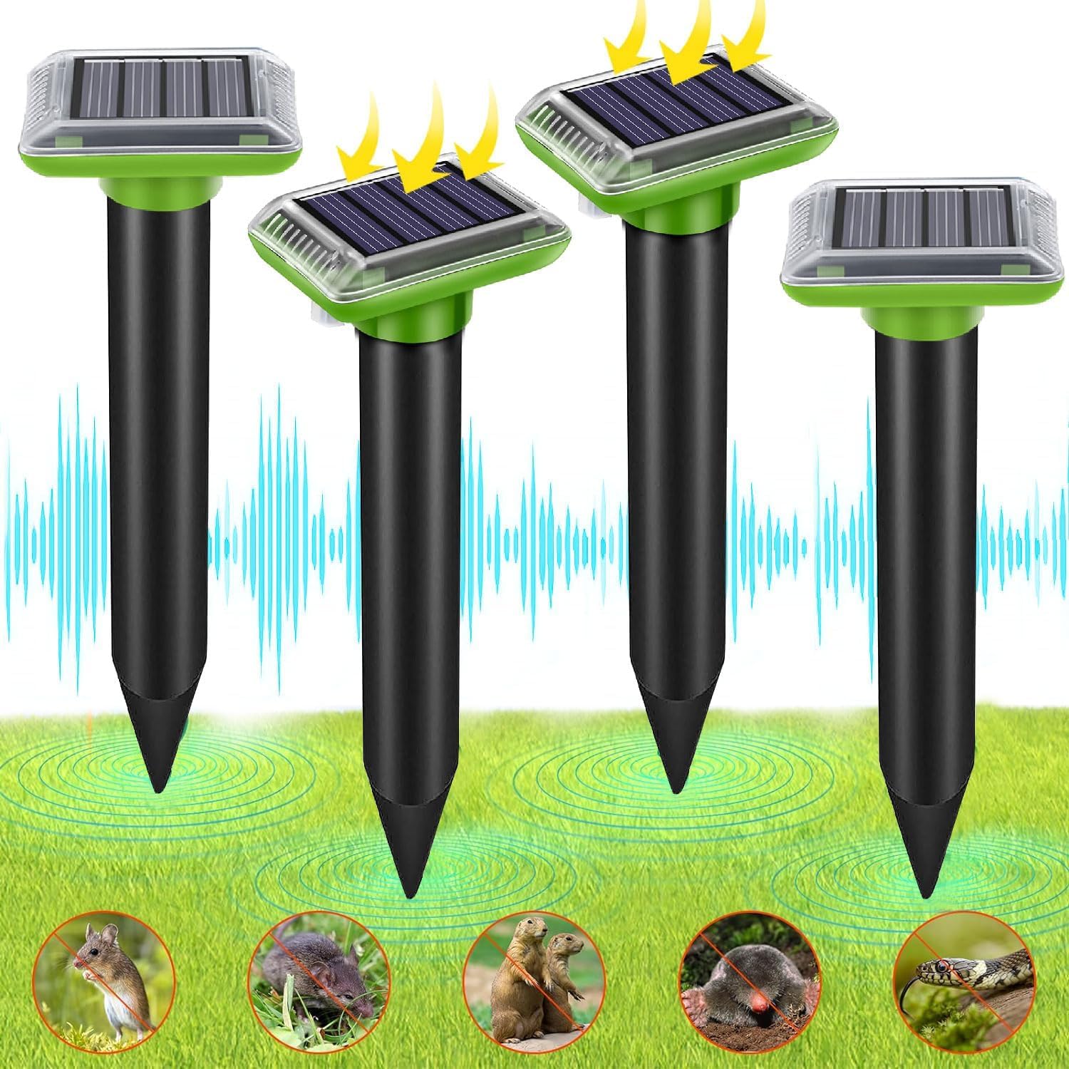 4 Pack Mole Repellent, Ultrasonic Solar Powered Repellent, Waterproof Snake Repellent Deterrent Gopher Vole Snake Spikes from Lawn Garden Yard