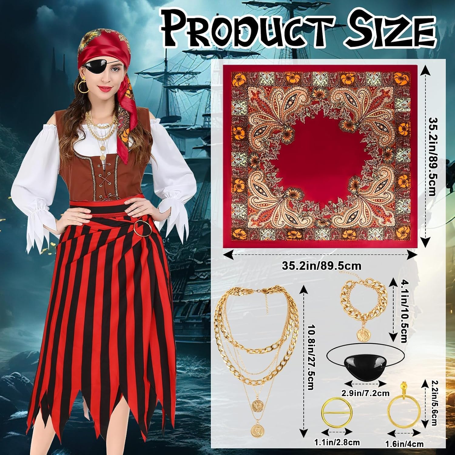 Womens Pirate Costume, Halloween Outfit Set with Skirt Accessories | Halloween Party Pirate Costume Women, Vintage Pirate Skirt Women, Includes Head Scarf Eye Patch Necklace