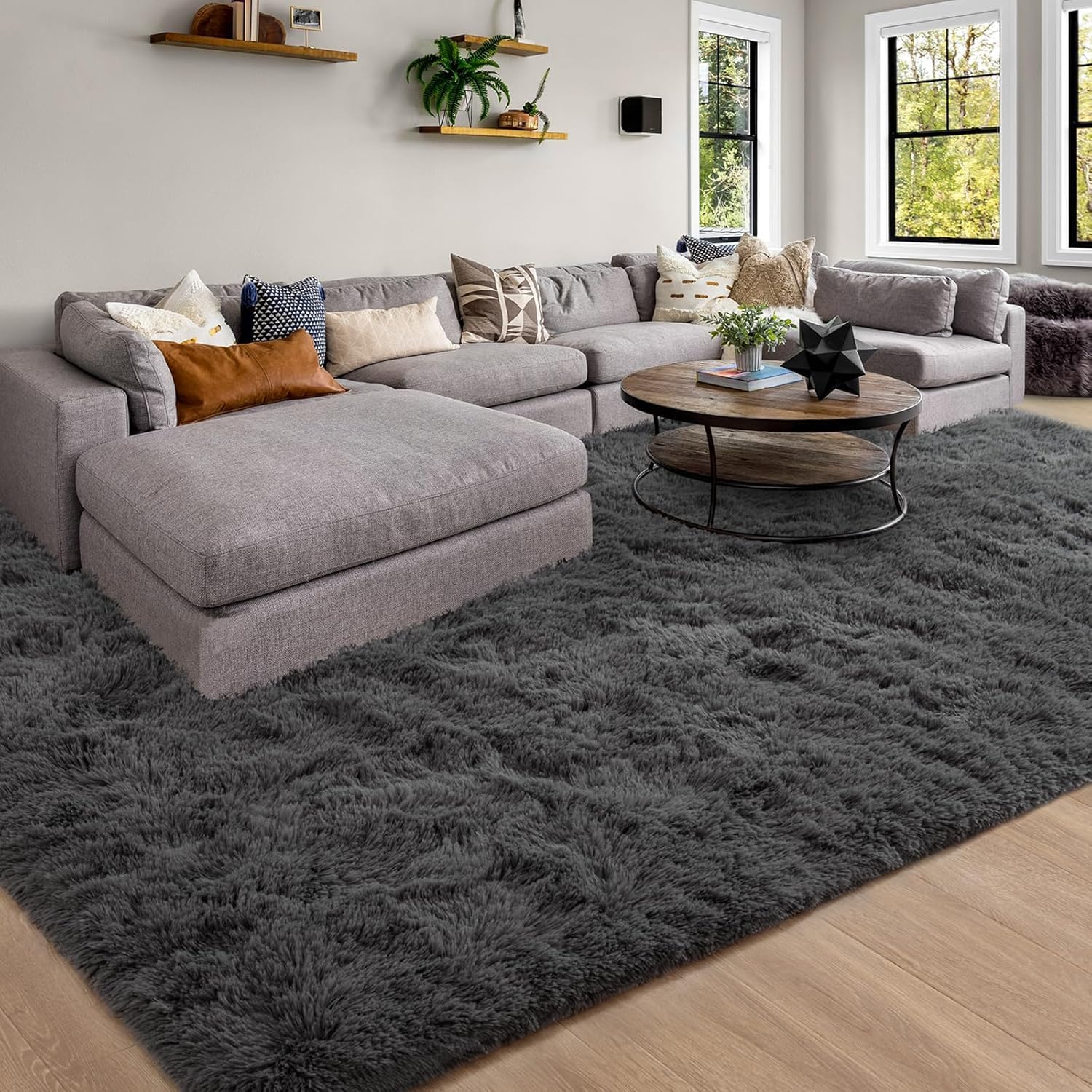 merelax soft modern indoor large shaggy rug for livingroom bedroom dorm kids room home decorative, non-slip plush fluffy furry fur area rugs comfy nursery accent floor carpet 8x10 feet, dark grey 8' x 10' (rectangular) dark grey