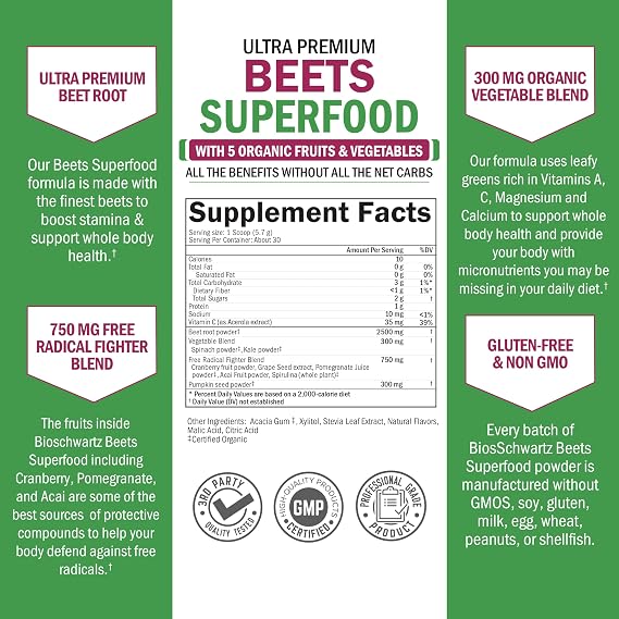 Beet Root Powder - Beets Superfood Supplement with Vitamin C - 30 Servings