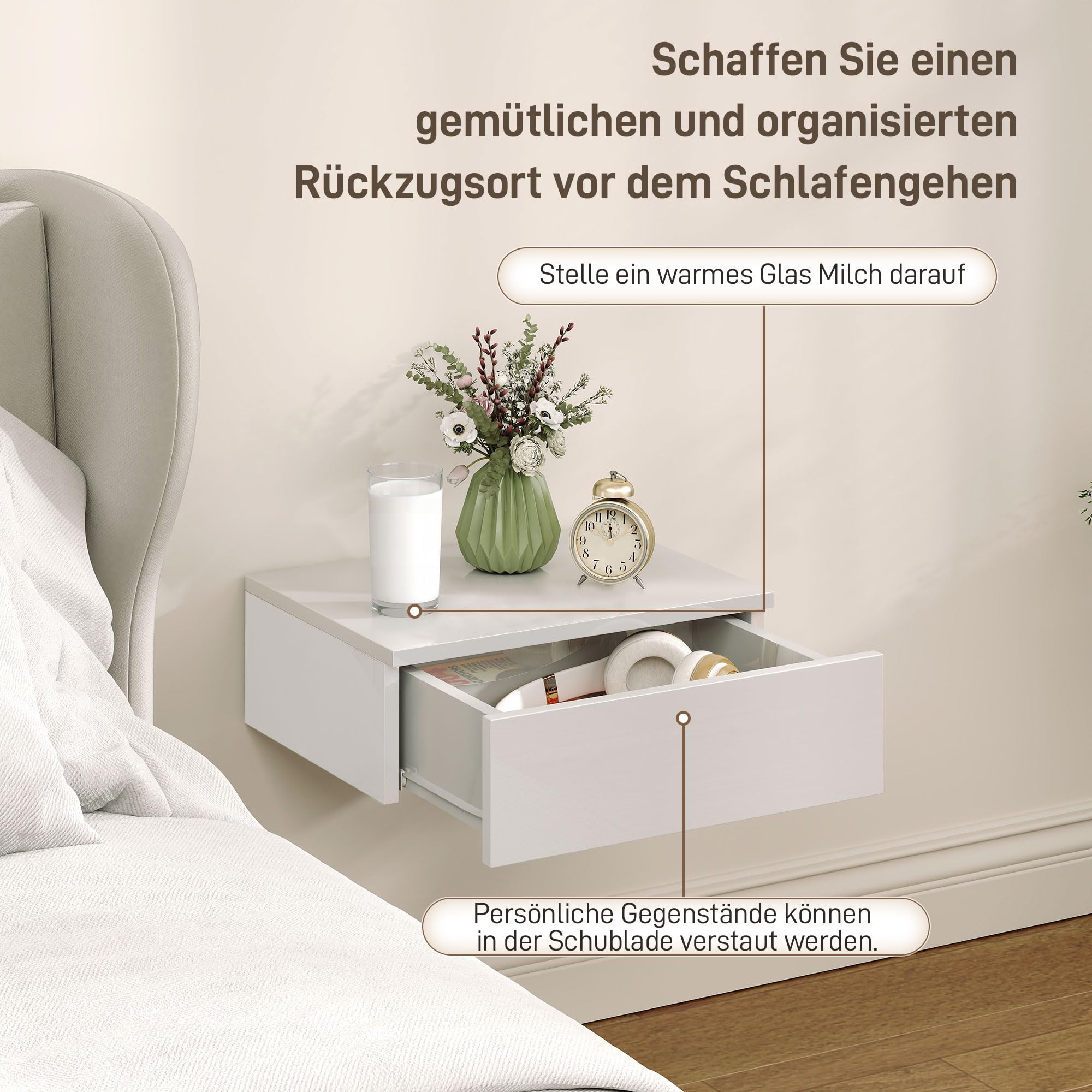 HOMCOM Nachttisch hängend 2er Set mit Schublade 40 x 30 x 14 cm Weiß