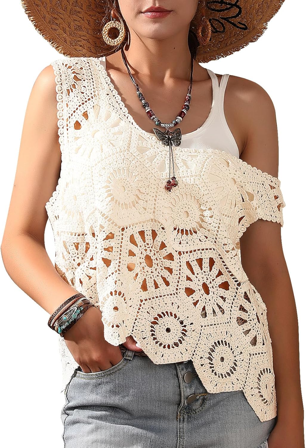 Womens Floral Crochet Lace Boho Trim Sleeveless Open Front Vest Cardigan - Image 7