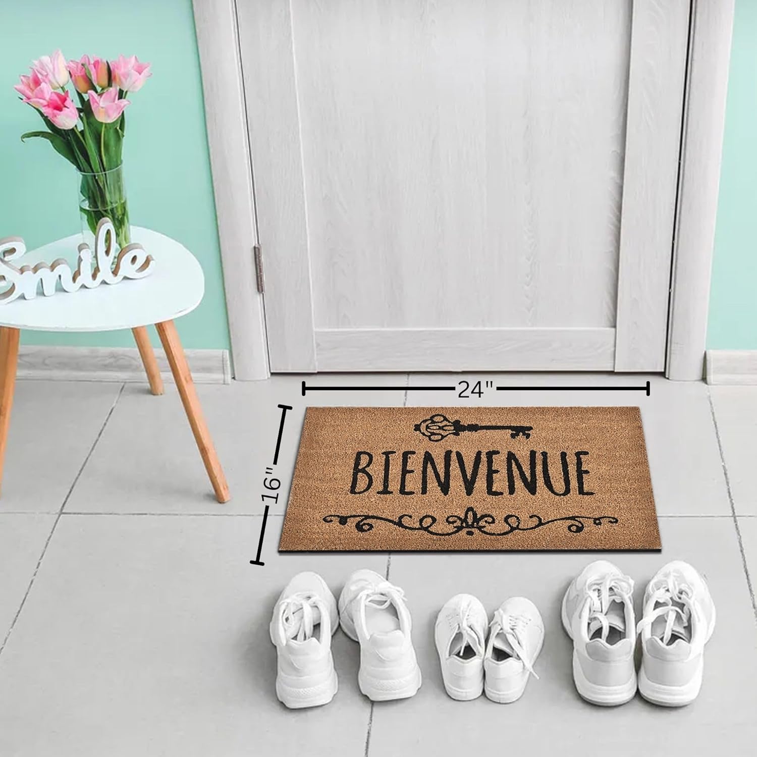 EVIDECO French Home Goods Sheltered Printed Front Door Mat Bienvenue Coir Coco Fibers Rug 24x16 Natural