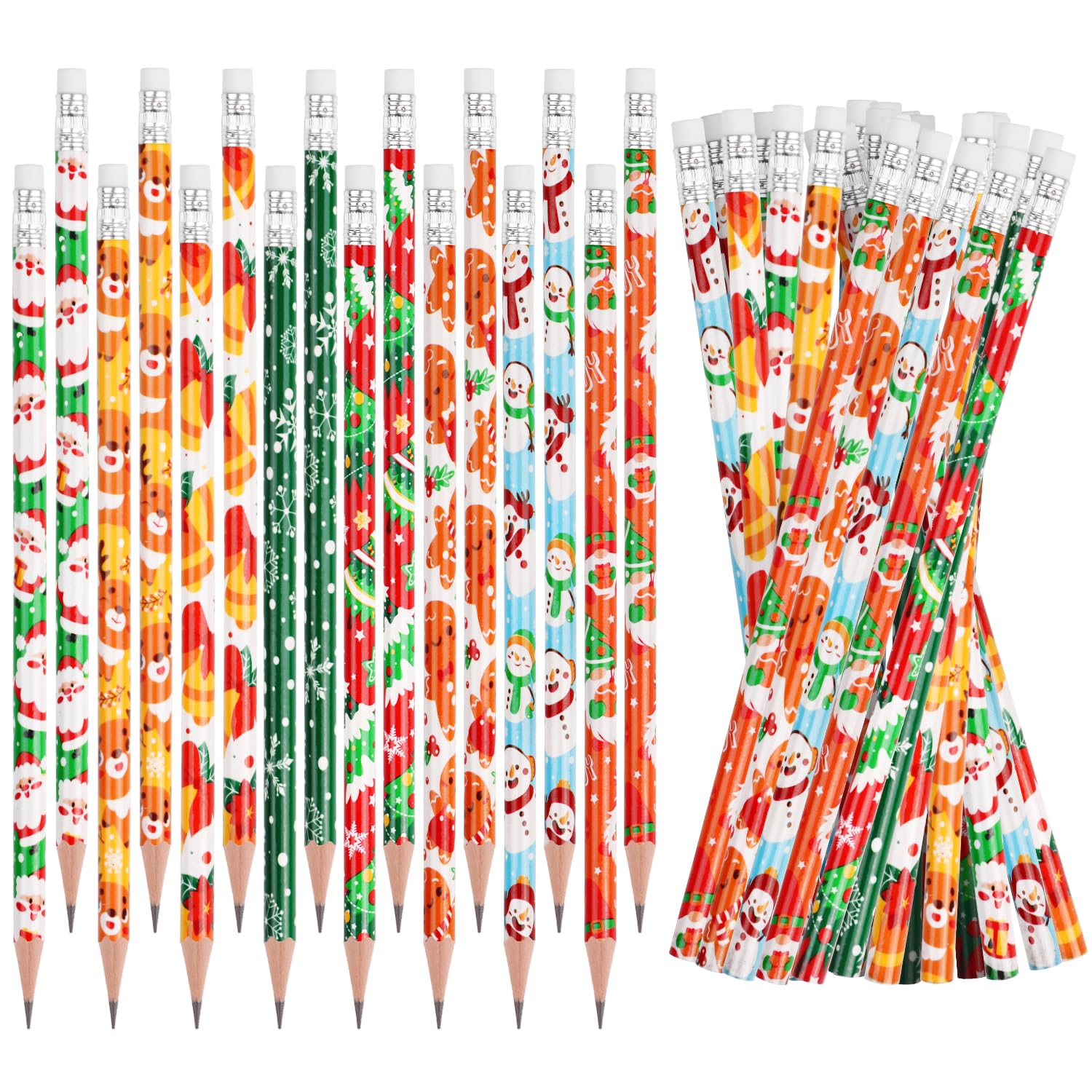 SULOLI Christmas Pencils with Eraser, 48pcs Xmas Themed Pencil with Santa Claus, Elk, Christmas Tree and Snowflake for Kids Children Christmas Party