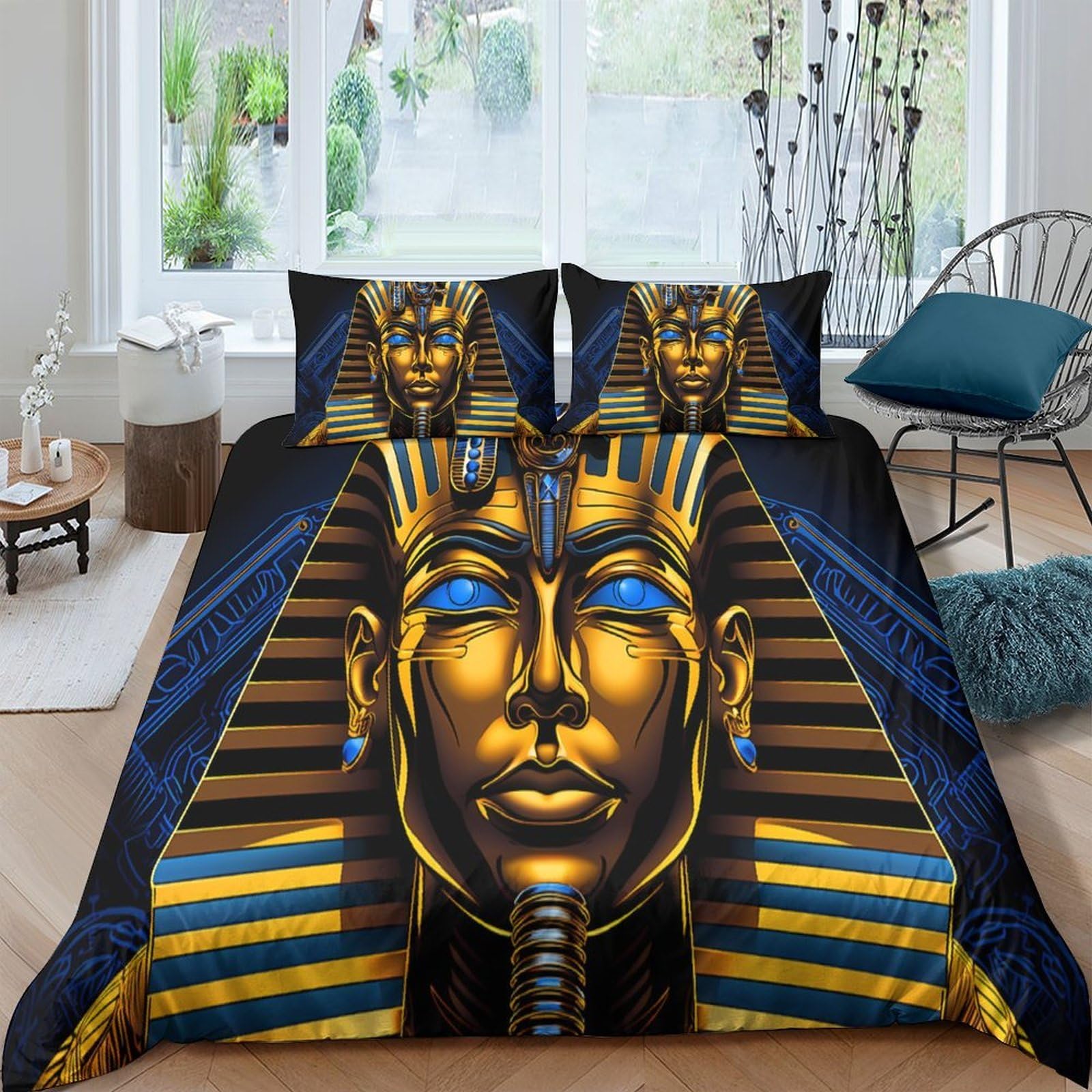Ctjqhvkz Style-3 3D Printed Pharaoh Golden Mask Fitted Sheet Microfiber Soft Breathable Egyptian Bed Cover For Bedroom Dorm Mattress Protection Decor Single（135X200cm）