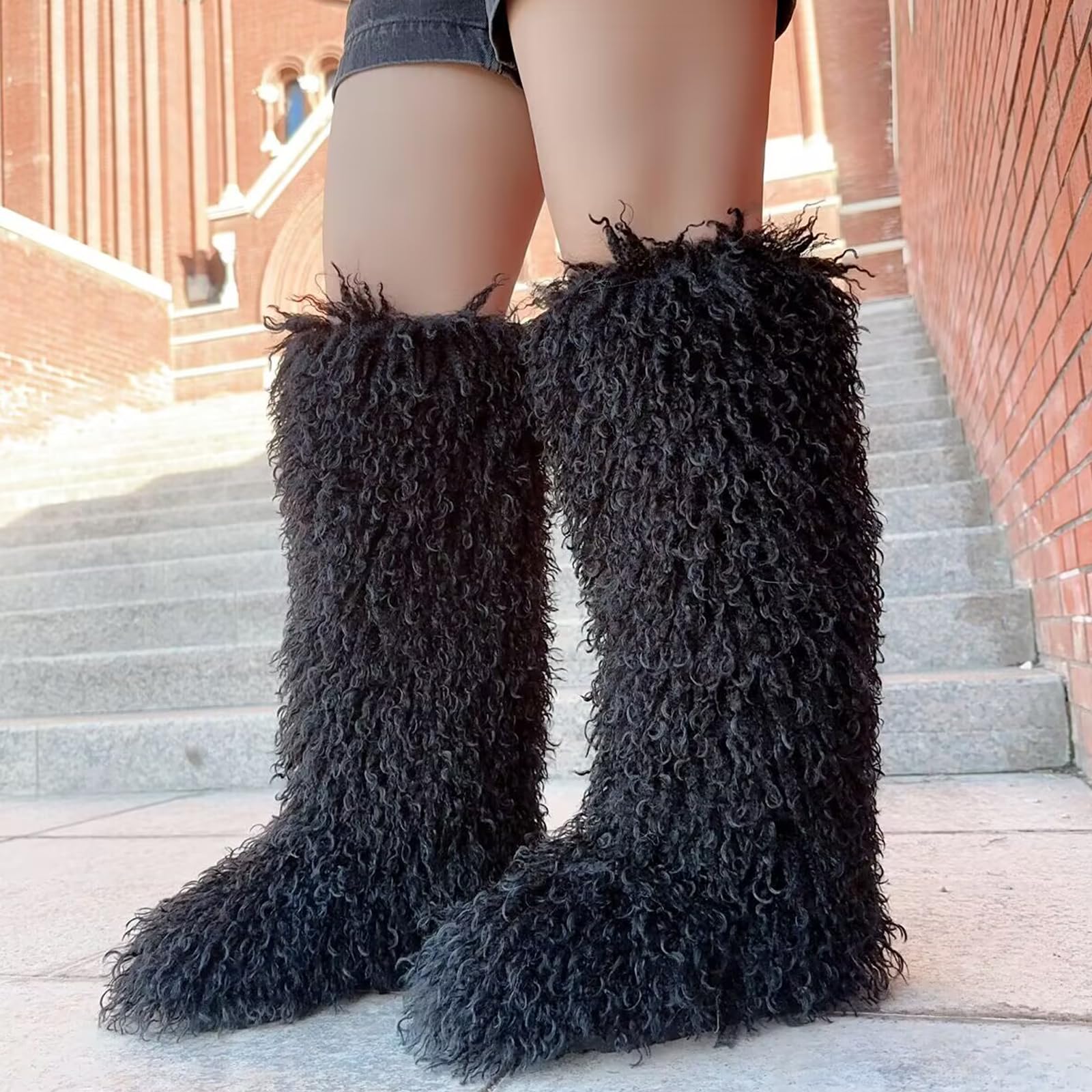 Valpeak Botas altas peludas de piel sintética para mujer, botas largas de invierno para niñas, botas mullidas mongolas para niños, botas peludas hasta la rodilla