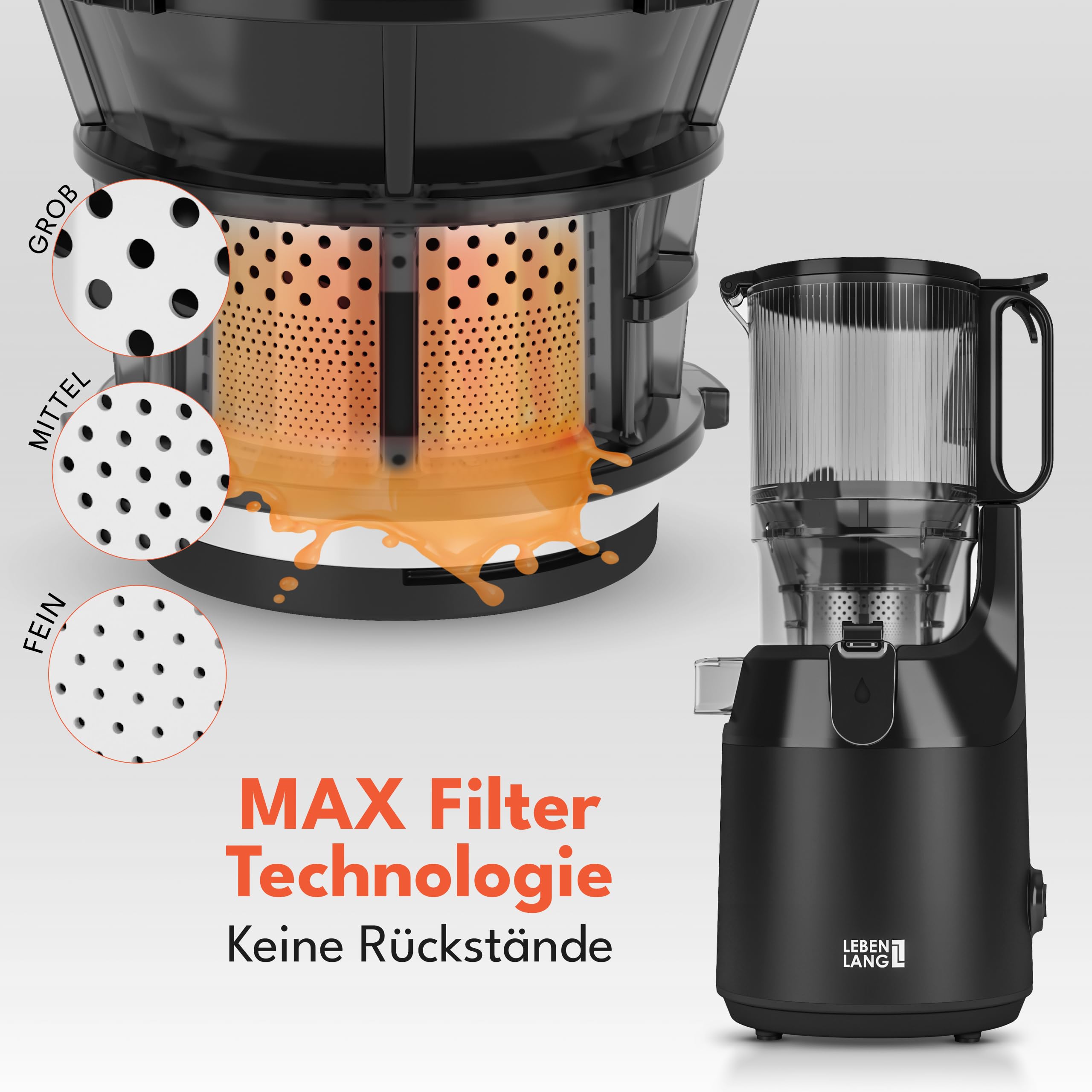 LEBENLANG Entsafter Slow Juicer 130mm Öffnung BPA-Frei Saftpresse elektrisch Masticating