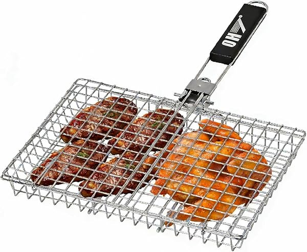 QH7 Heavy Duty Stainless Steel Grill Basket for Camping & BBQ - Foldable, Portable Grilling Grate with Detachable Handle - Non-Stick Mesh for Fish, Vegetables, Shrimp, Burgers & More - 1