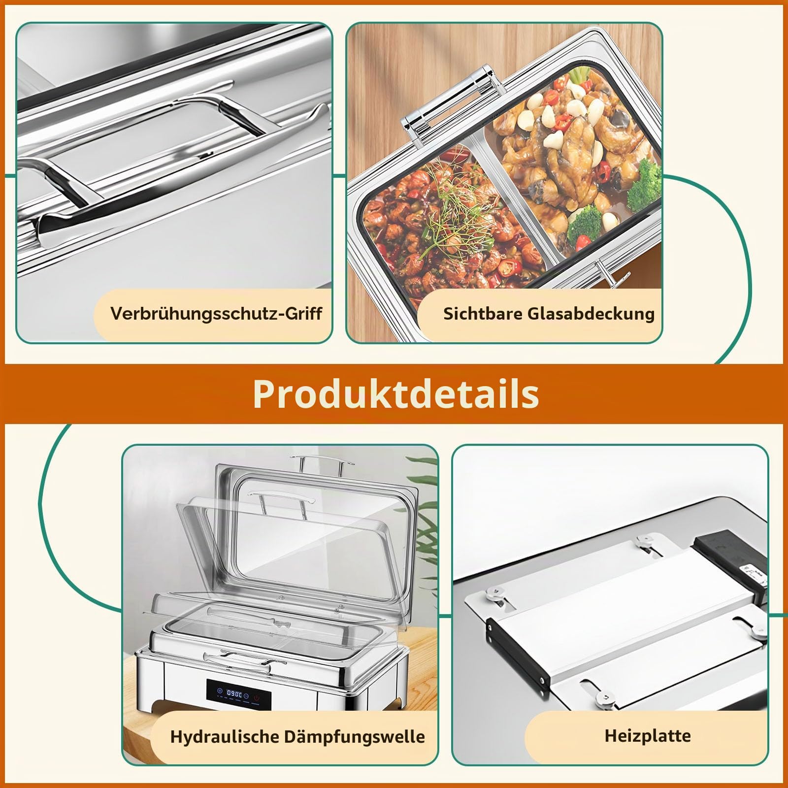 Chafing Dish Elektrisch 9L, Edelstahl (B, 1/2 Pan) | Elektrische Warmhaltebehälter Einstellbare Temperatur, Rechteckiger Chafing Dish Set Speisenwärmer mit Sichtbarem Glasdeckel