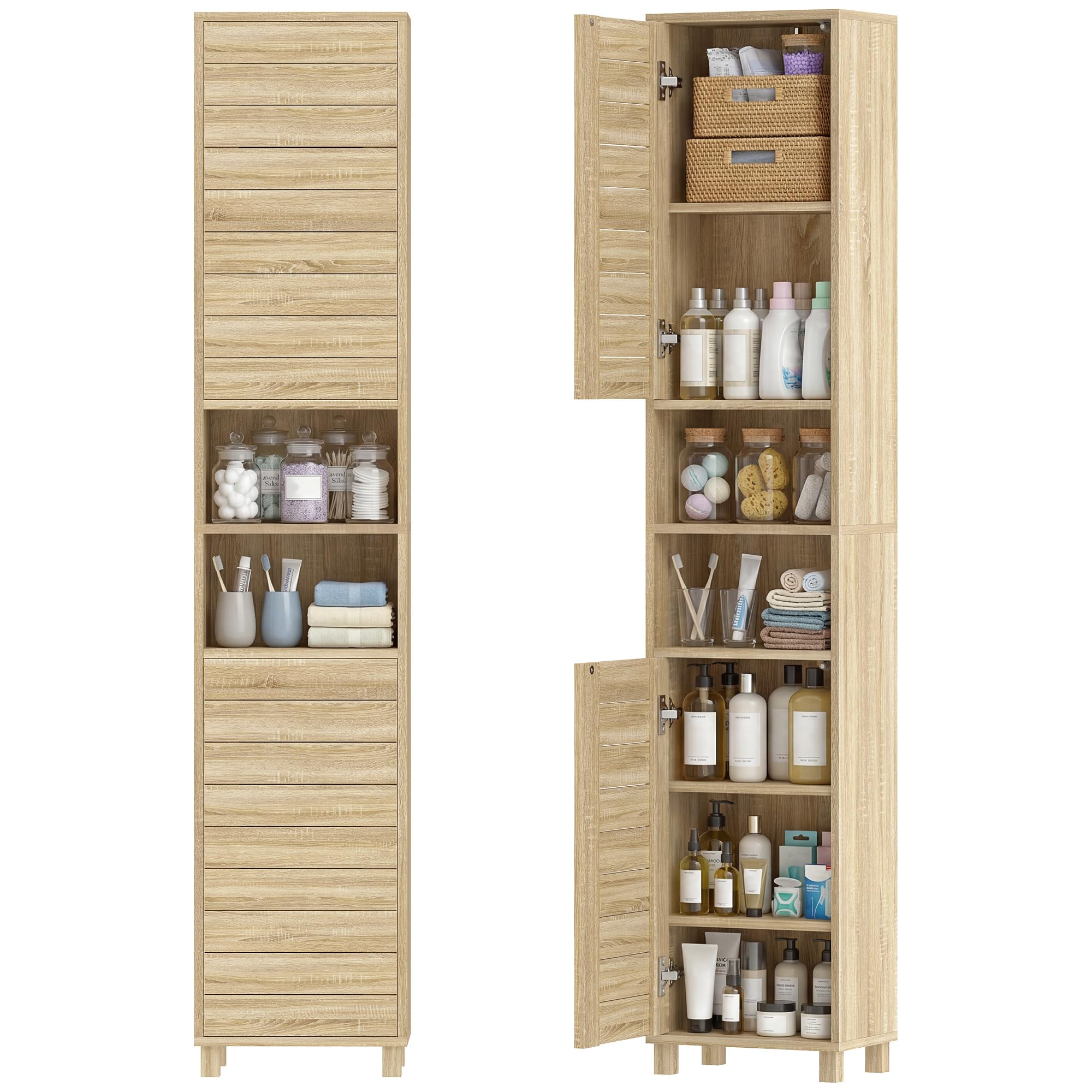 HOMCOM Armario de Baño Alto para Espacios Pequeños 34x23x170 cm Natural | Mueble Auxiliar de Baño Estrecho, Estantes Ajustables, Puertas de Lamas Apertura por Presión, Estantes Abiertos