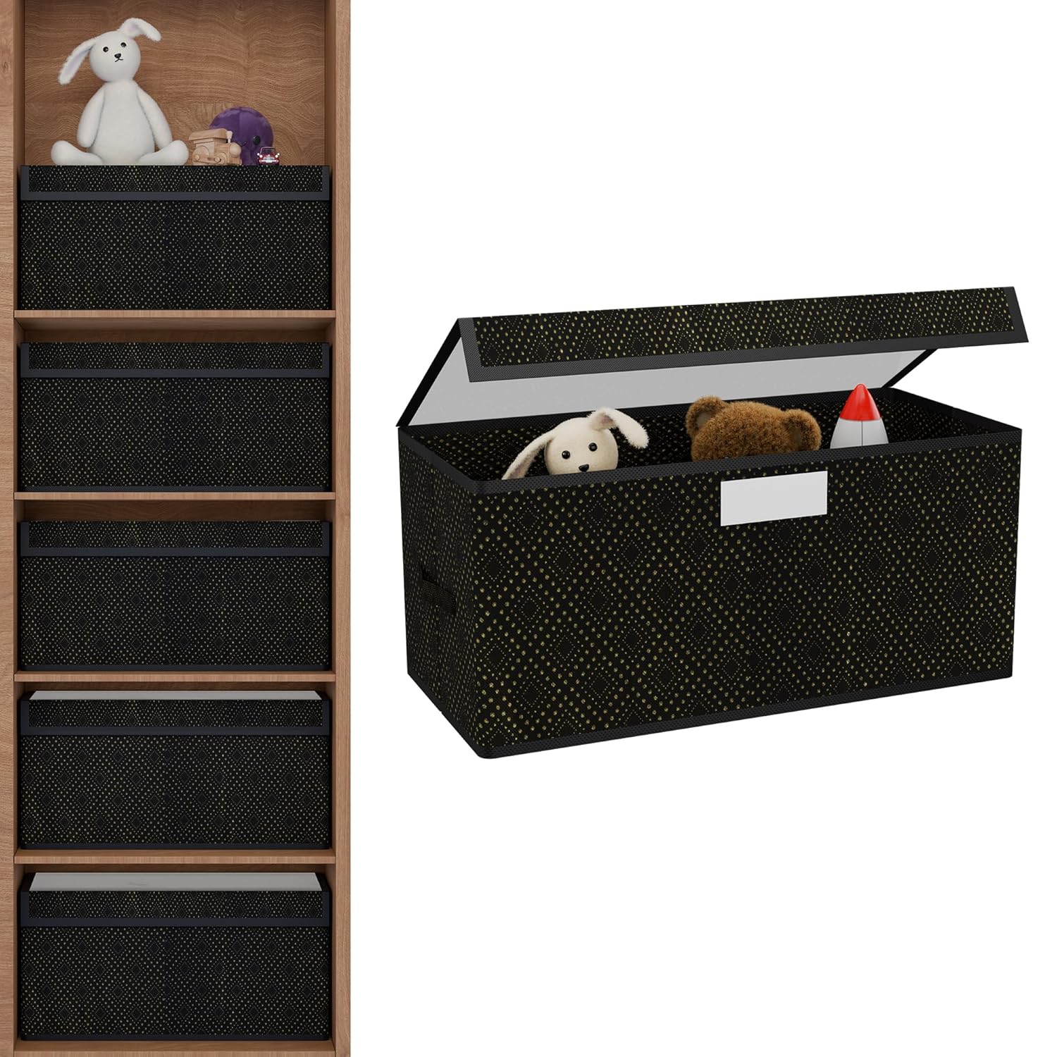 Kuber Industries Storage Box with Transparent Lid | Closet Organizers for Toys & Book Storage | Foldable Almirah Dress Organizer | Cupboard/Wardrobe Drawer Organiser | Large – Printed | Black