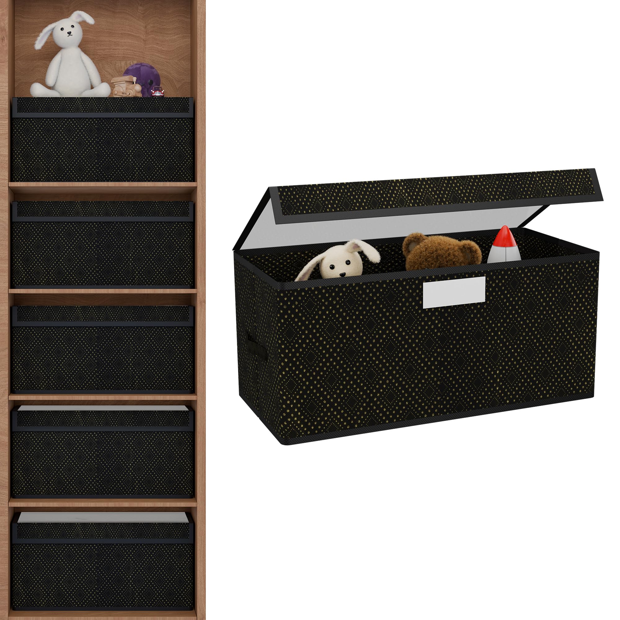 Kuber Industries Storage Box with Transparent Lid | Closet Organizers for Toys & Book Storage | Foldable Almirah Dress Organizer | Cupboard/Wardrobe Drawer Organiser | Large - Printed | Black