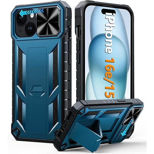 FNTCASE for iPhone 15 Protective Phone-Case: for iPhone 16e Military Grade Dropproof Cell Phone Cover with Kickstand & Slide | Heavy Duty Rugged Phonecase Bumper Textured (Blue)