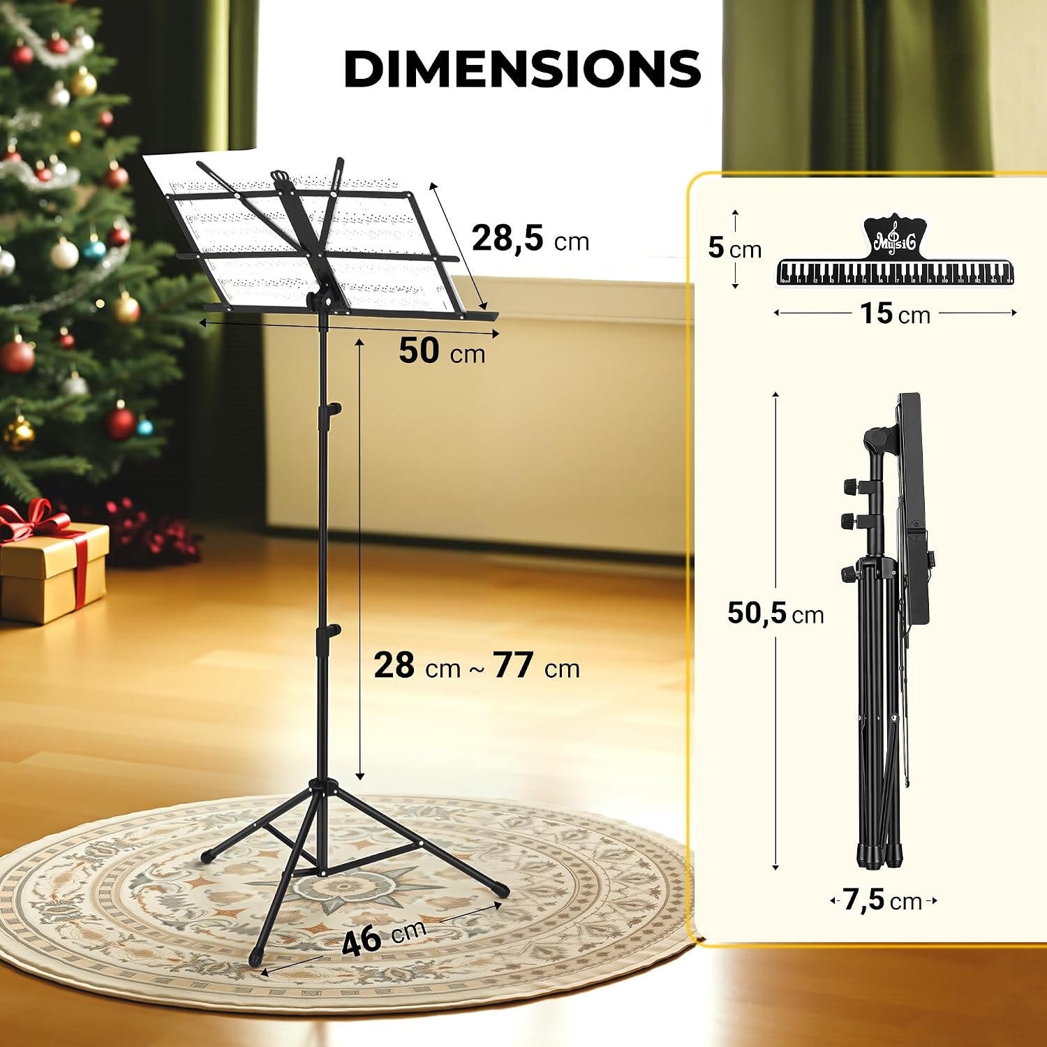 CAHAYA 2 in 1 Portable Music Stand - Desk & Floor Stand, Height Adjustable, Foldable with Bag and Sheet Music Clip, Ideal for Students, Musicians and Outdoor Performances