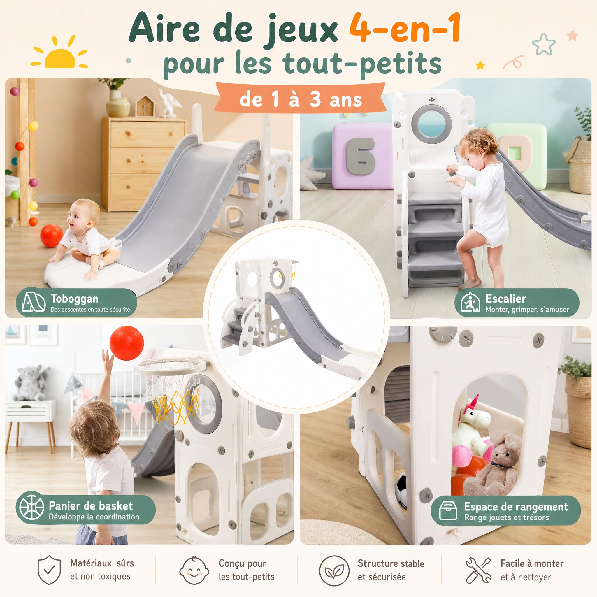 hotsizz Toboggan Enfant utilisable en intérieur et extérieur Toboggan 4 en 1 équipé d’Un Panier de Basket, d’Un bac de Rangement et d’escaliers d’Escalade,Longueur du Toboggan 136 cm